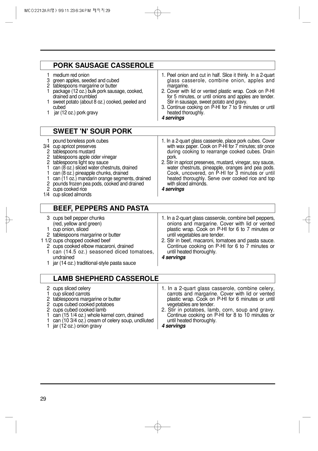 Magic Chef MCO2212AR manual Pork Sausage Casserole, Sweet N Sour Pork, BEEF, Peppers and Pasta, Lamb Shepherd Casserole 