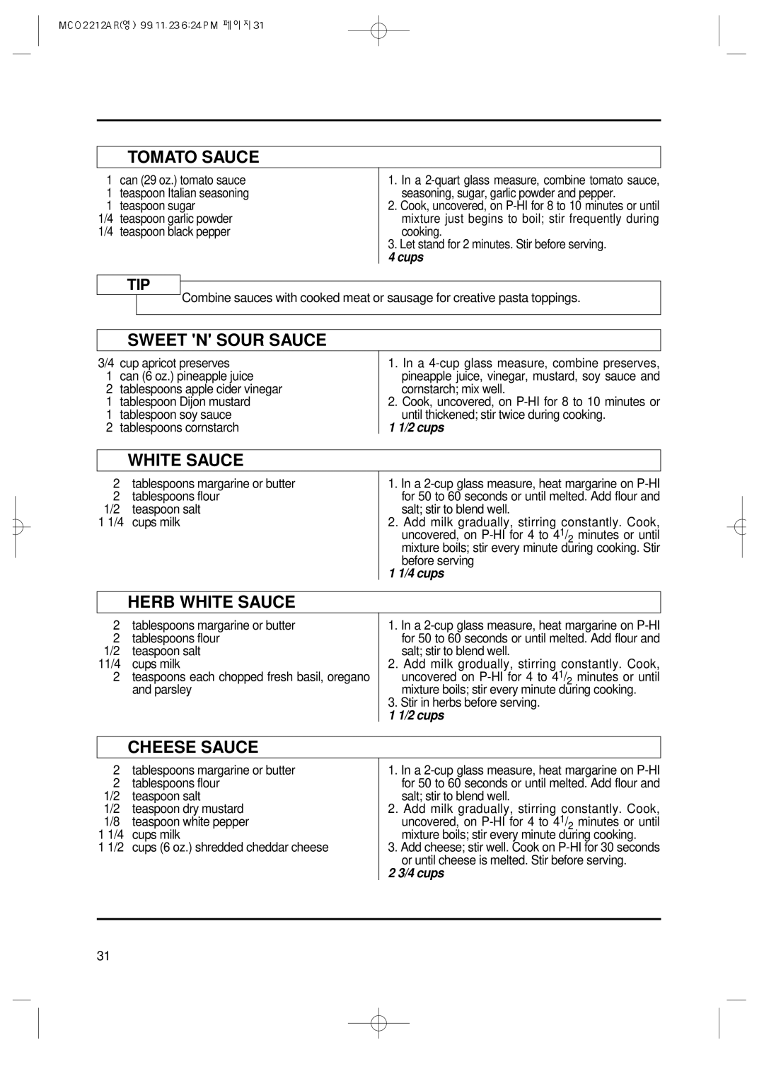 Magic Chef MCO2212AR manual Tomato Sauce, Sweet N Sour Sauce, Herb White Sauce, Cheese Sauce 