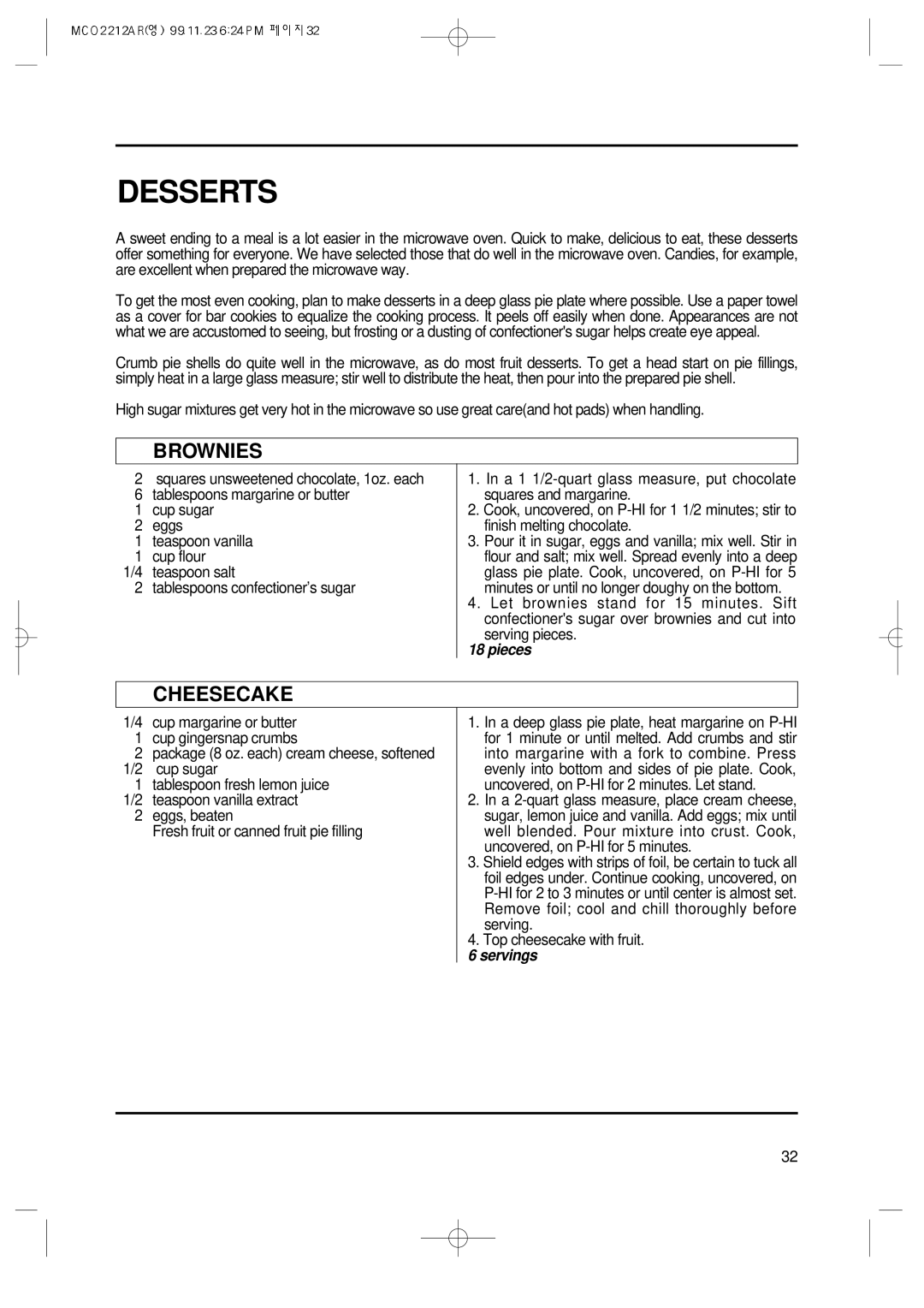 Magic Chef MCO2212AR manual Desserts, Brownies, Cheesecake 