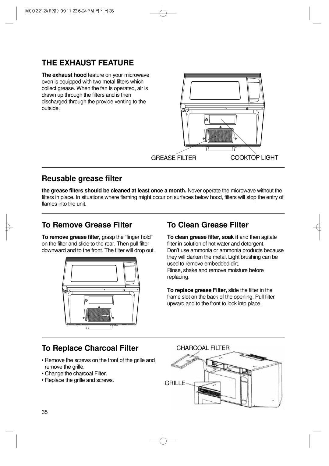 Magic Chef MCO2212AR manual Exhaust Feature, Reusable grease filter 