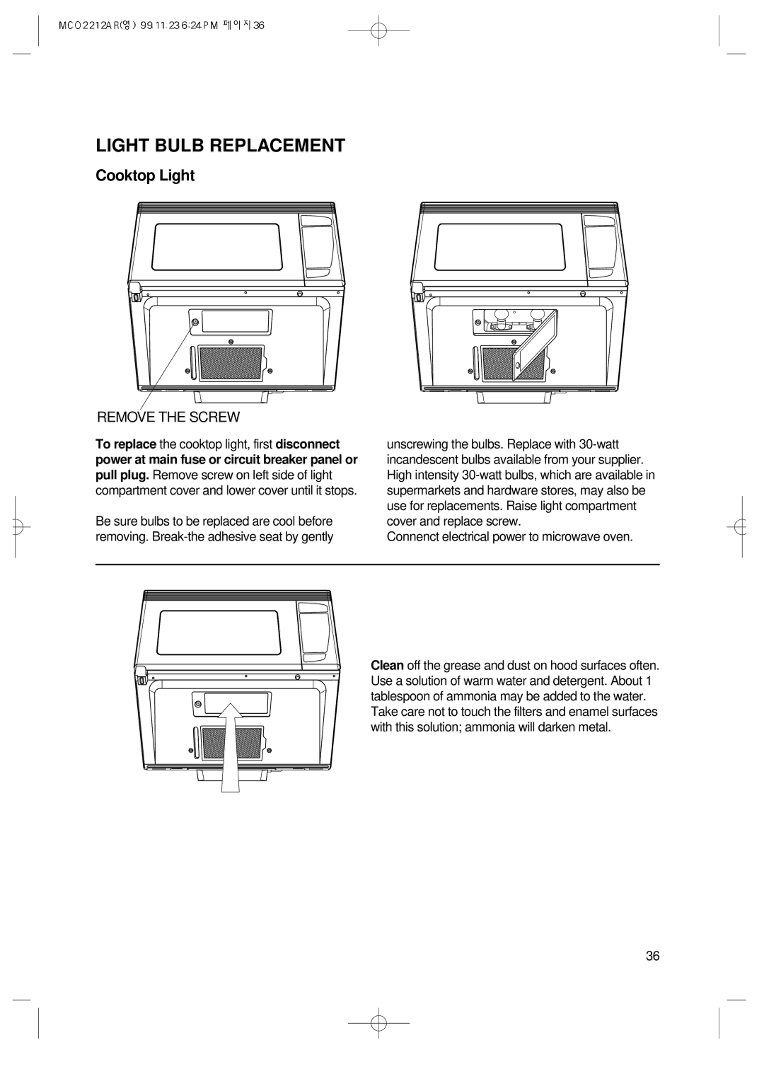 Magic Chef MCO2212AR manual Light Bulb Replacement, Cooktop Light 