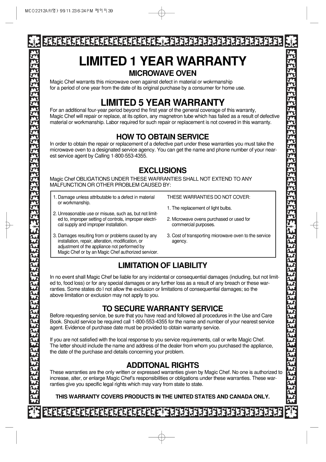 Magic Chef MCO2212AR manual Microwave Oven, HOW to Obtain Service, Exclusions, Limitation of Liability, Additonal Rights 