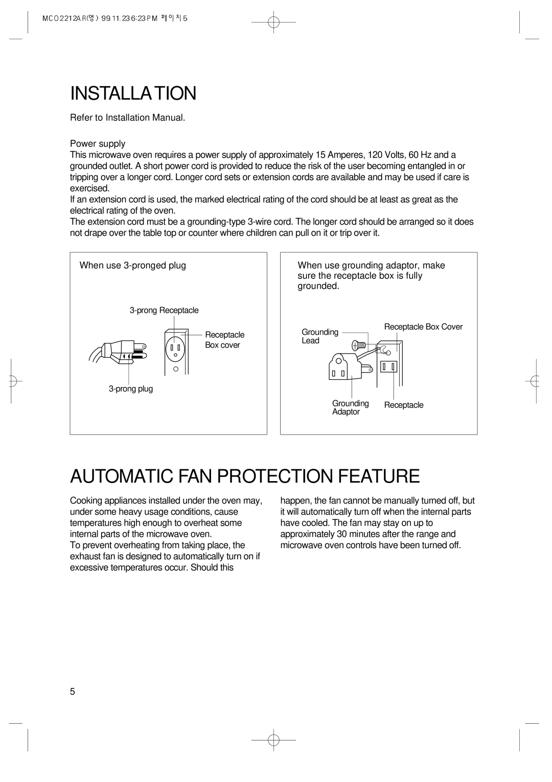 Magic Chef MCO2212AR manual Installation, Automatic FAN Protection Feature 