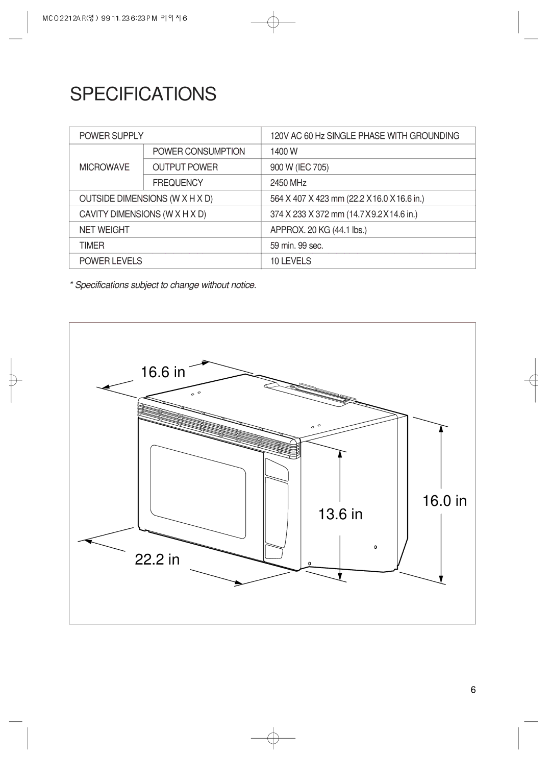 Magic Chef MCO2212AR manual Specifications 