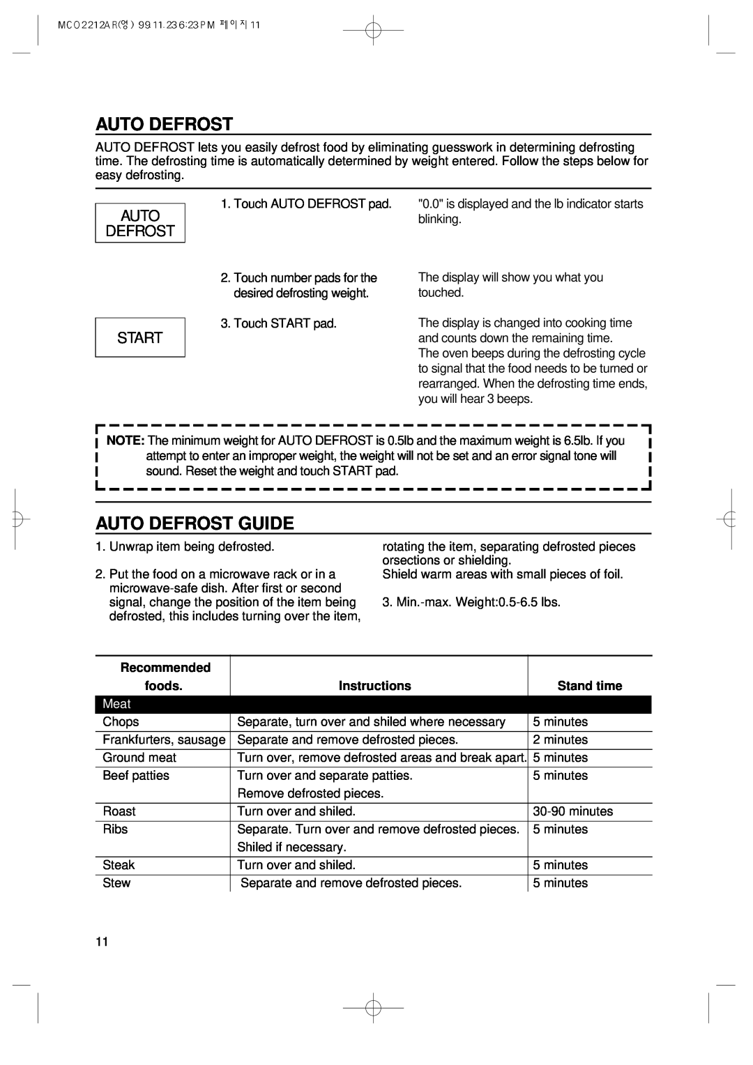 Magic Chef MCO2212AR manual Auto Defrost Guide, Auto Defrost Start, Meat 