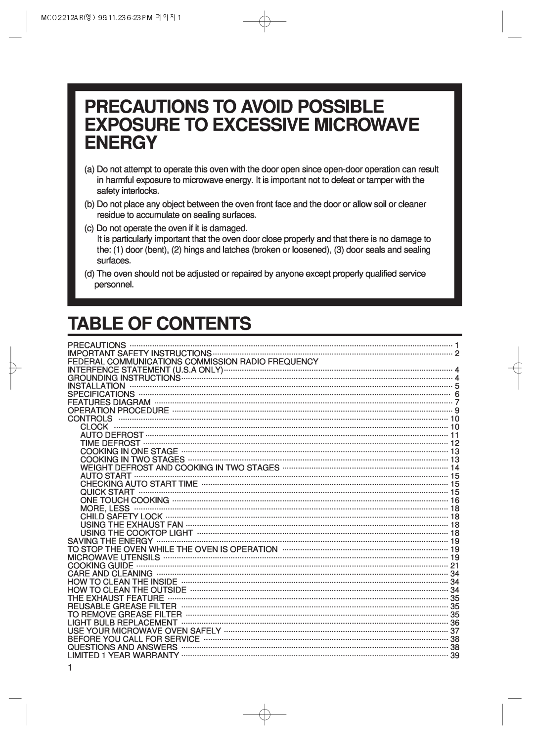 Magic Chef MCO2212AR manual Precautions To Avoid Possible Exposure To Excessive Microwave Energy, Table Of Contents 