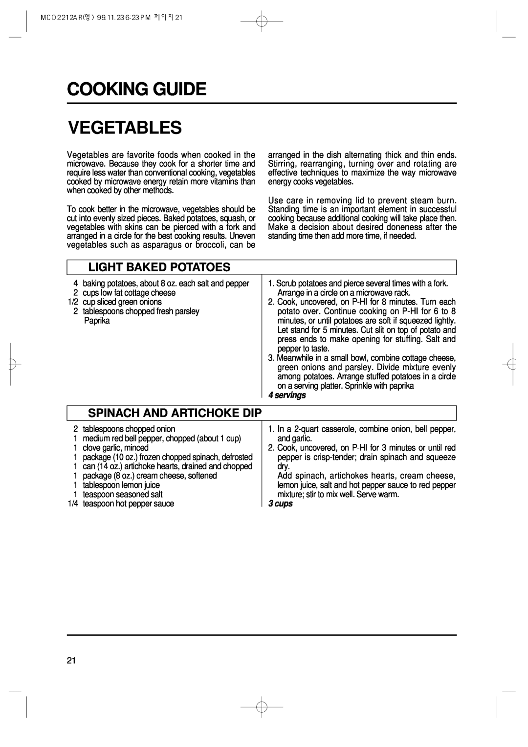 Magic Chef MCO2212AR manual Cooking Guide Vegetables, Light Baked Potatoes, Spinach And Artichoke Dip, servings, cups 
