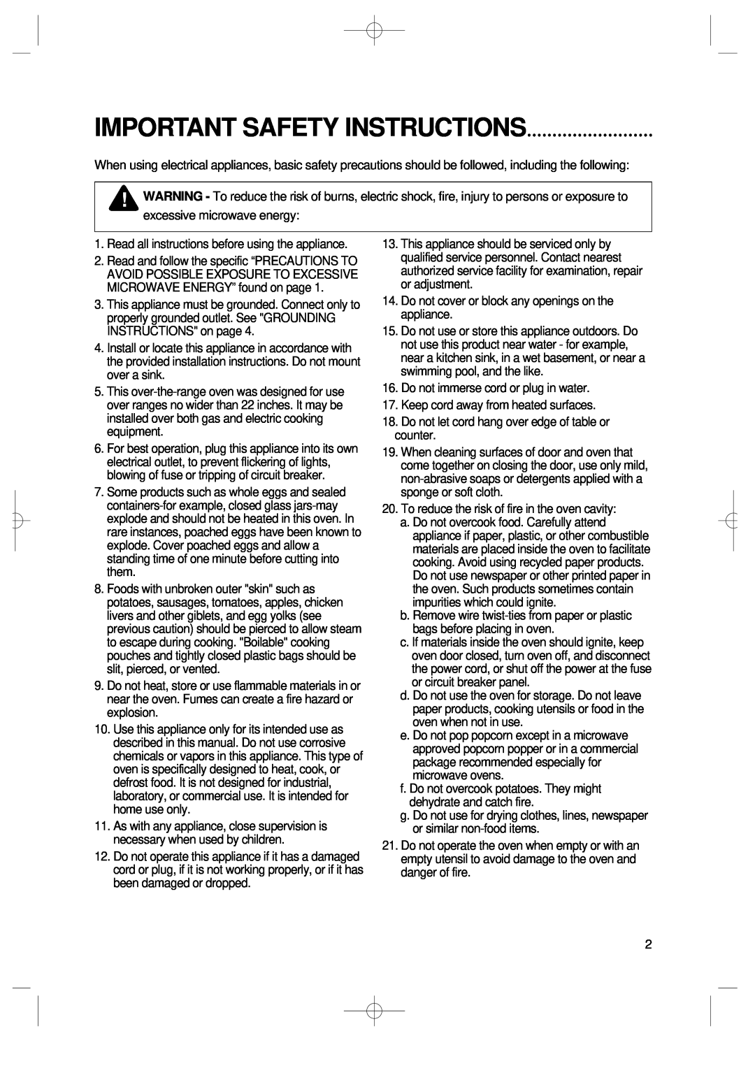 Magic Chef MCO2212AR manual Important Safety Instructions 