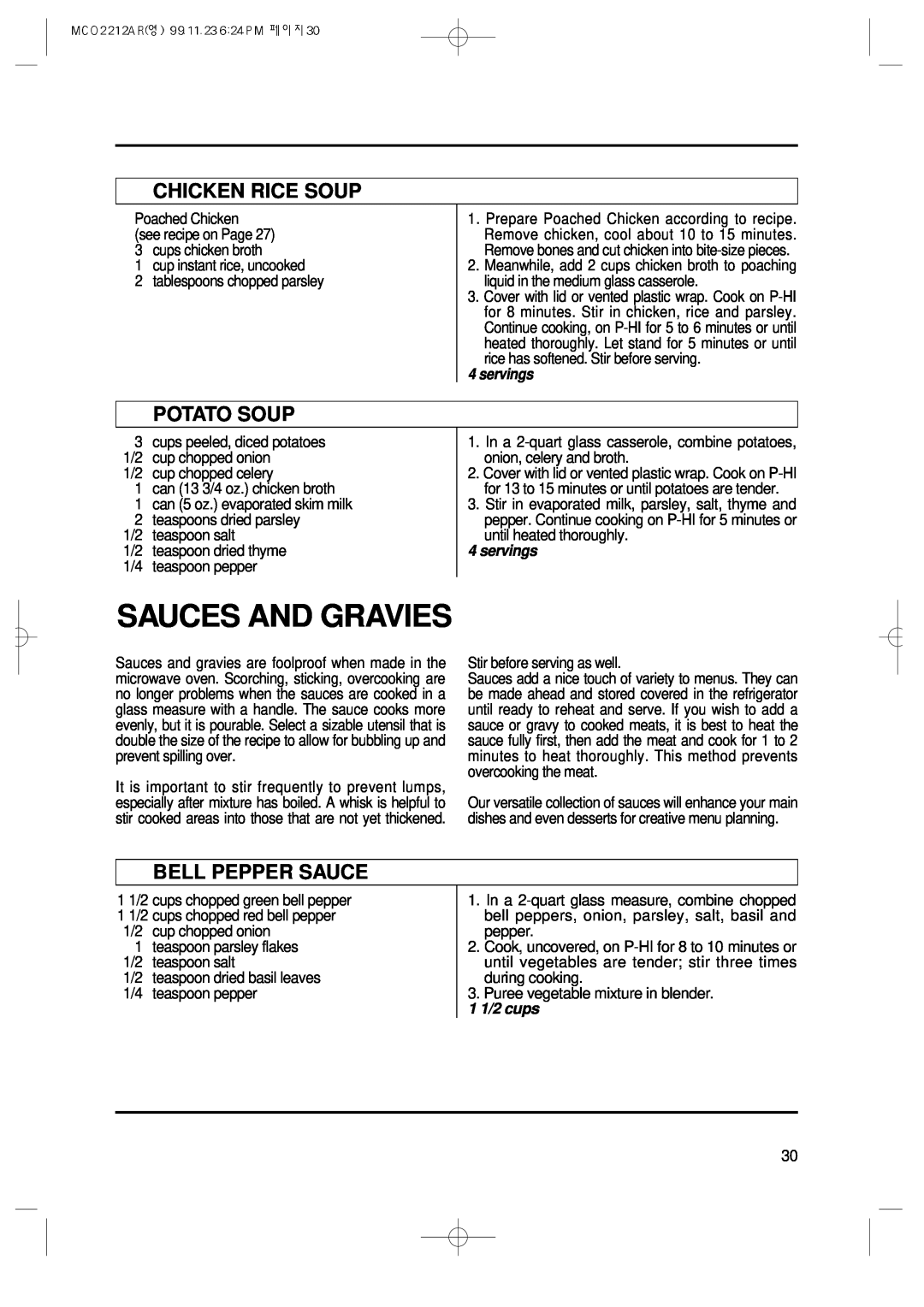 Magic Chef MCO2212AR manual Sauces And Gravies, Chicken Rice Soup, Potato Soup, Bell Pepper Sauce, 1 1/2 cups, servings 