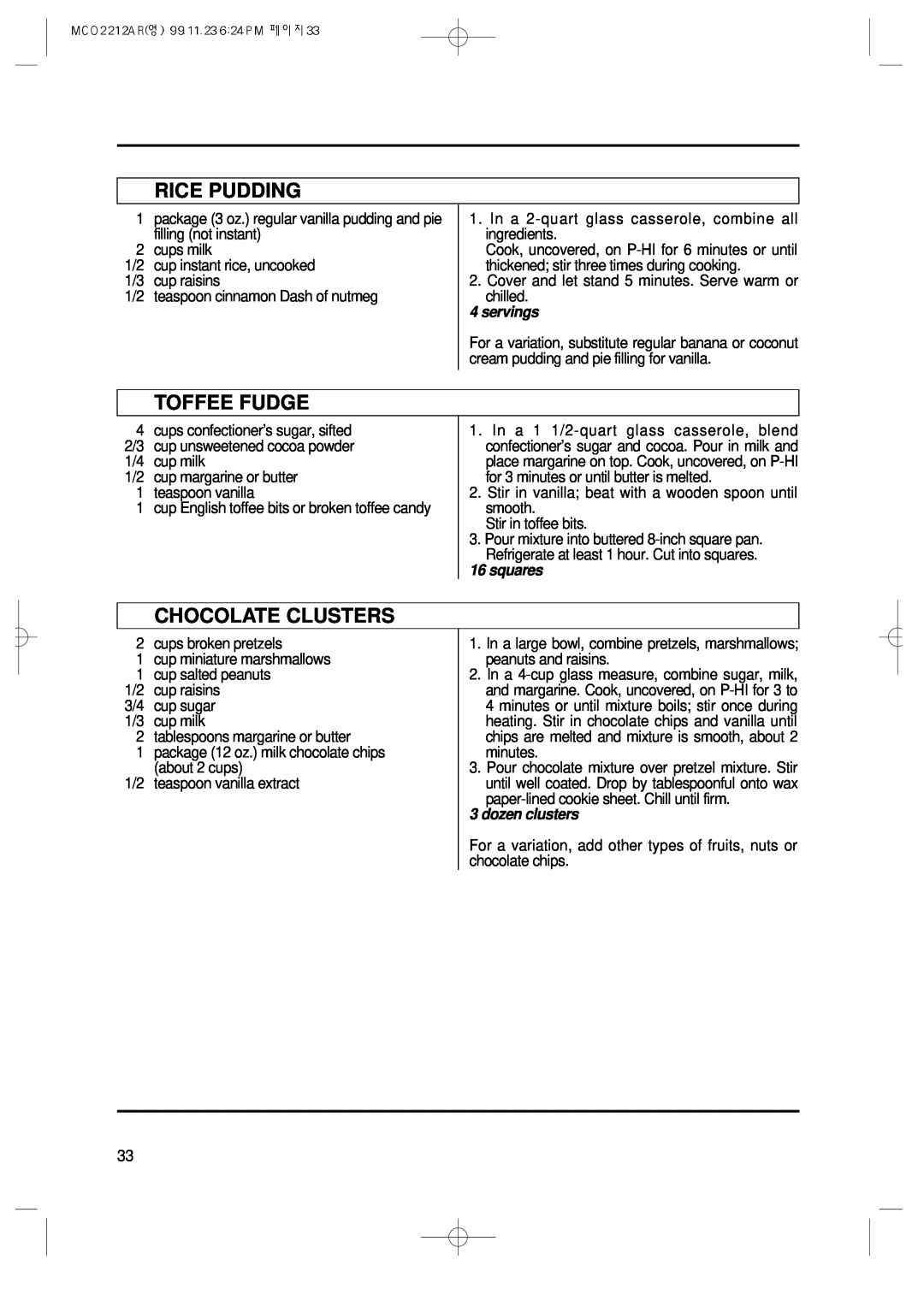 Magic Chef MCO2212AR manual Rice Pudding, Toffee Fudge, Chocolate Clusters, squares, dozen clusters, servings 