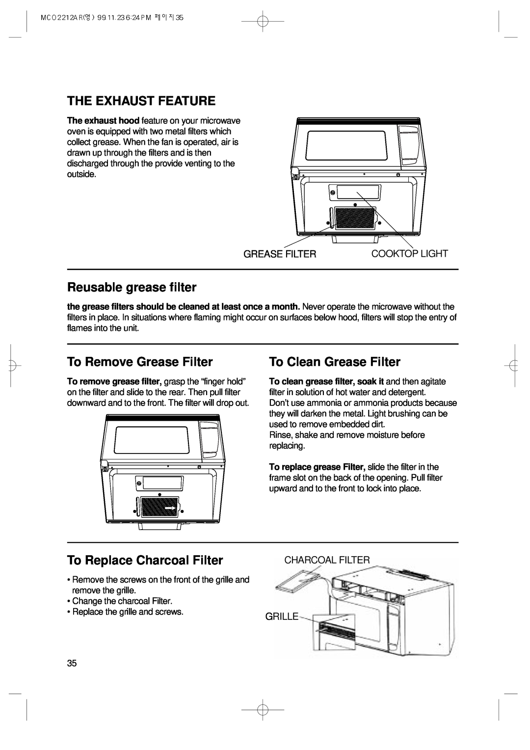Magic Chef MCO2212AR manual The Exhaust Feature, Reusable grease filter, To Remove Grease Filter, To Clean Grease Filter 