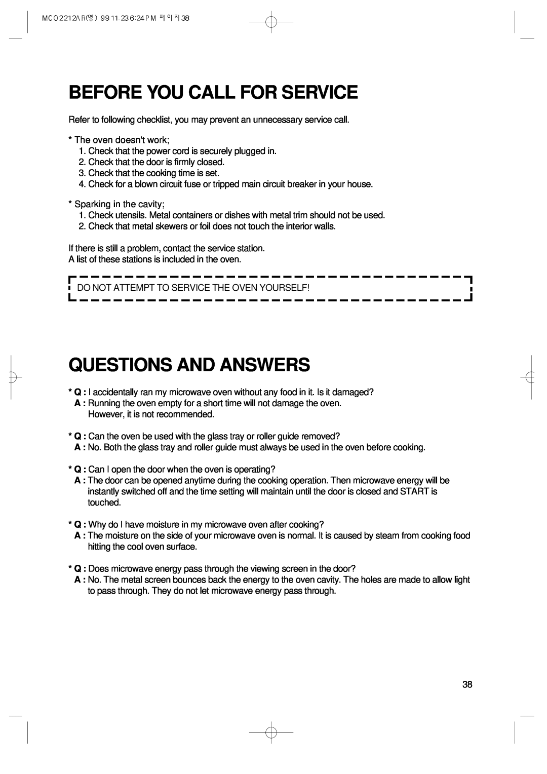 Magic Chef MCO2212AR manual Before You Call For Service, Questions And Answers 