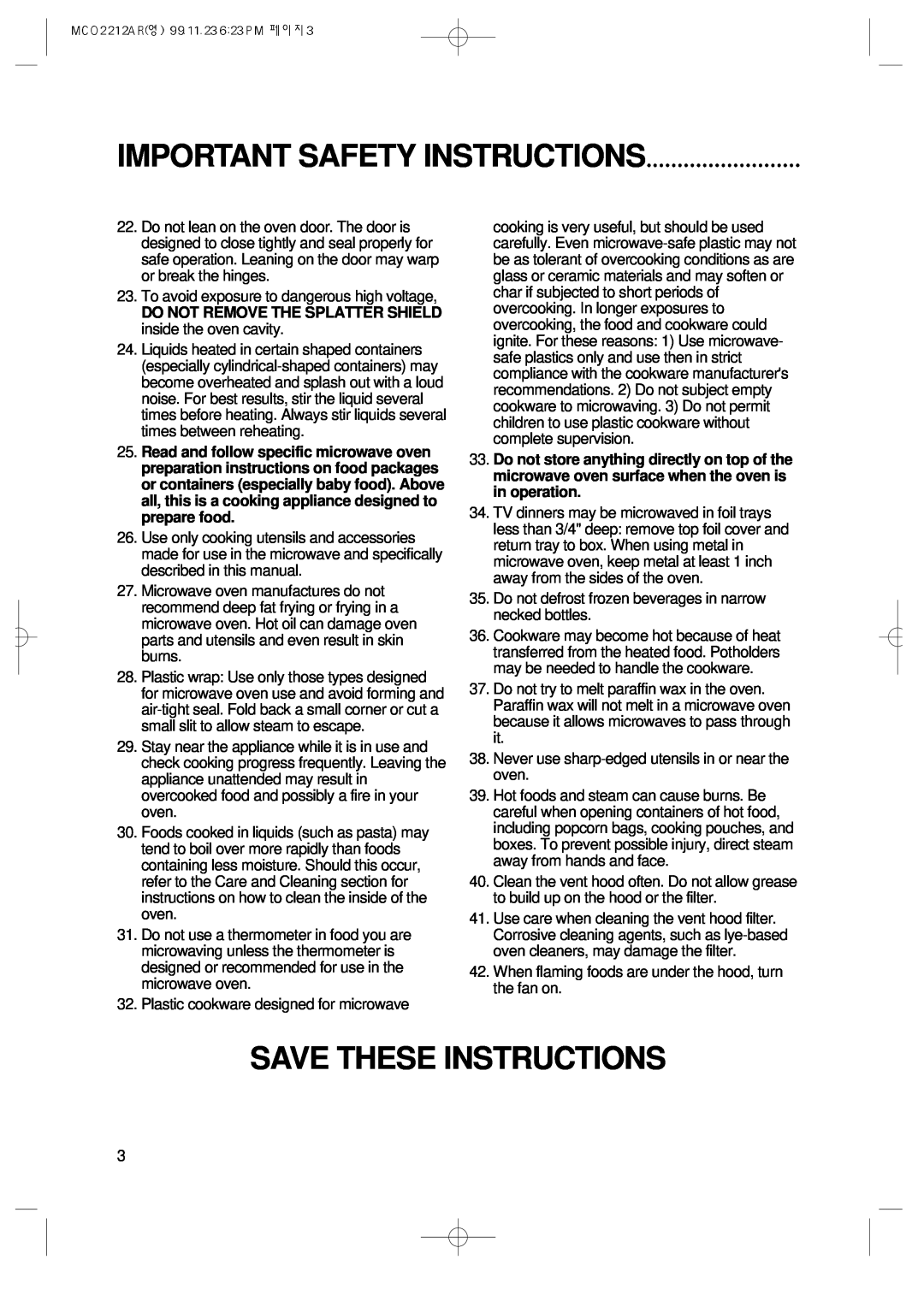 Magic Chef MCO2212AR manual Save These Instructions, Important Safety Instructions 