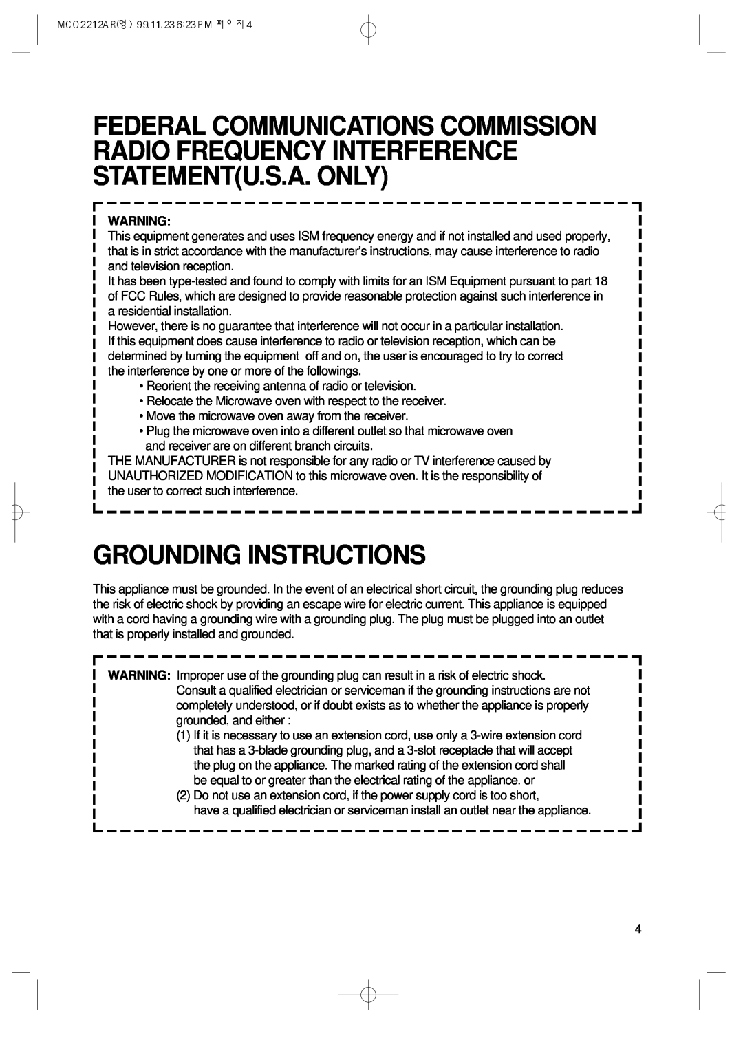 Magic Chef MCO2212AR manual Grounding Instructions 