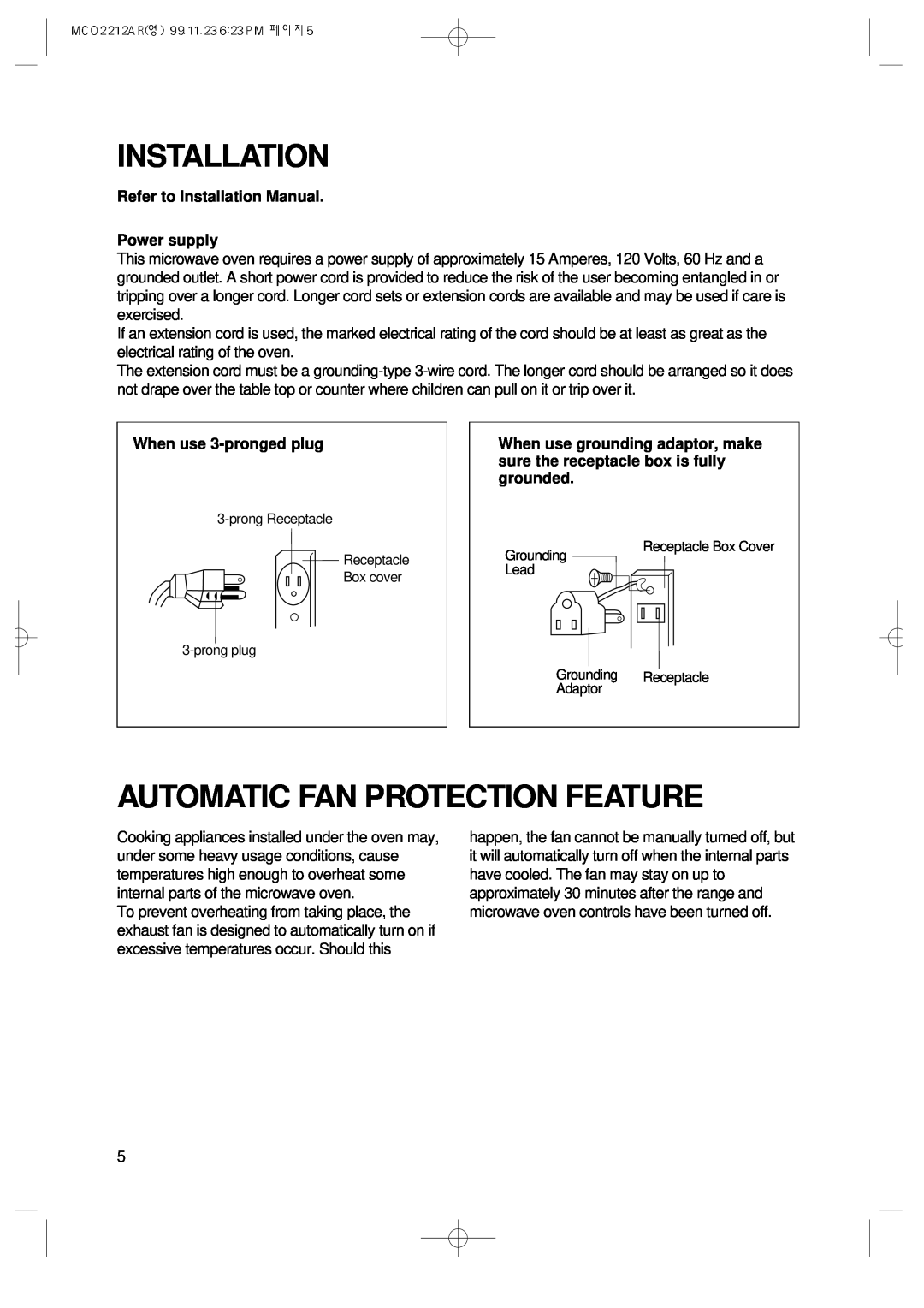 Magic Chef MCO2212AR manual Automatic Fan Protection Feature, Refer to Installation Manual Power supply 