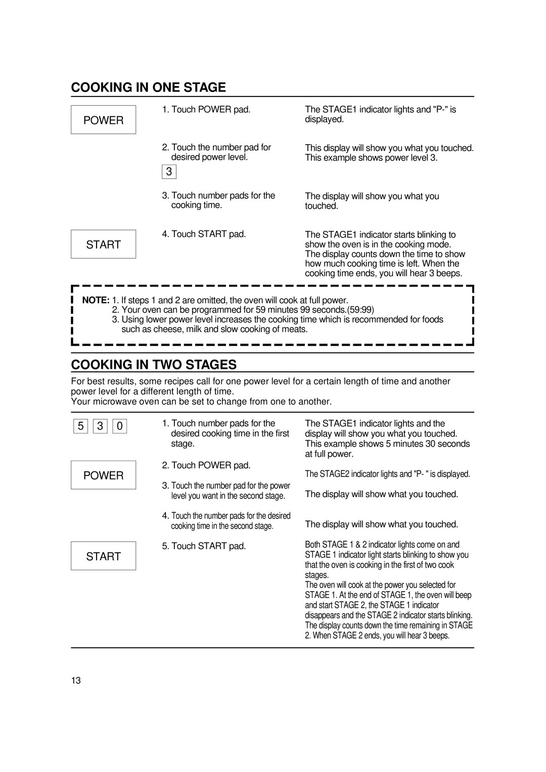 Magic Chef MCO2212ARW manual Cooking in ONE Stage, Cooking in TWO Stages, Power Start 