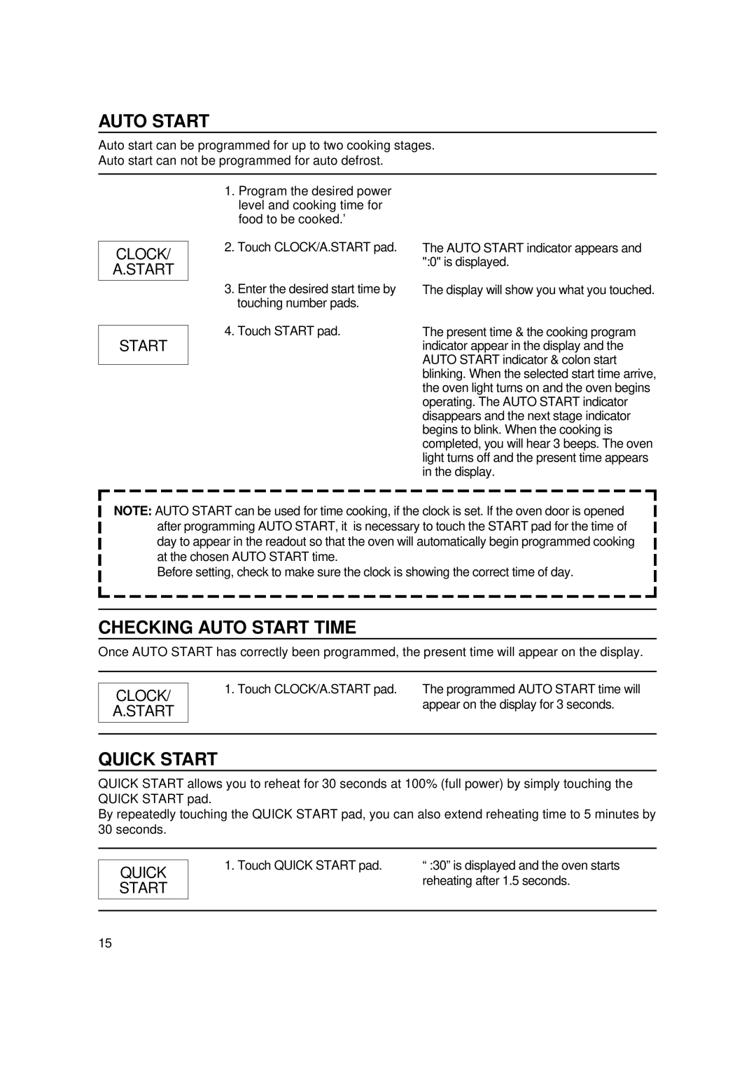 Magic Chef MCO2212ARW manual Checking Auto Start Time, Quick Start, Appear on the display for 3 seconds 