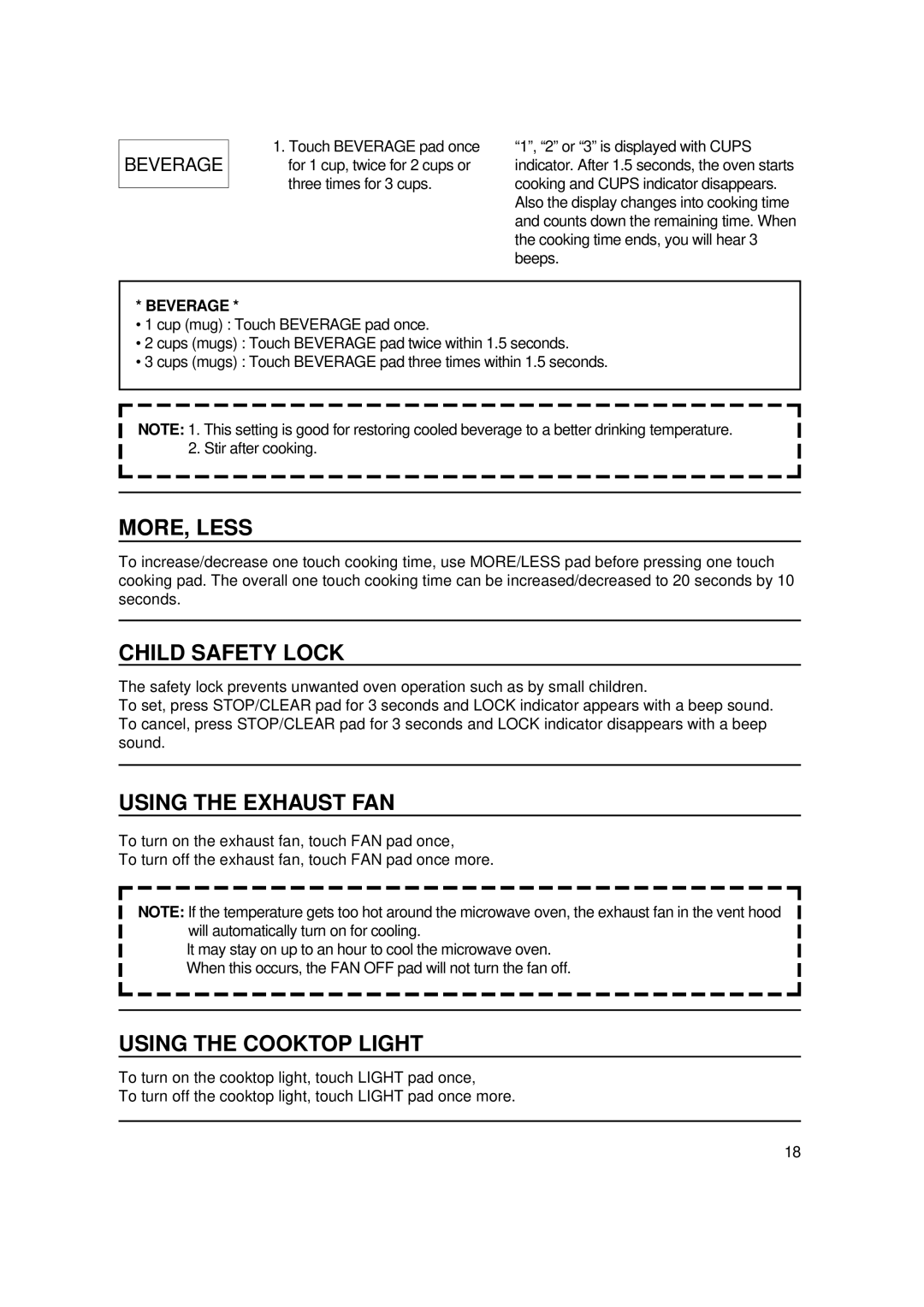 Magic Chef MCO2212ARW manual MORE, Less, Child Safety Lock, Using the Exhaust FAN, Using the Cooktop Light, Beverage 