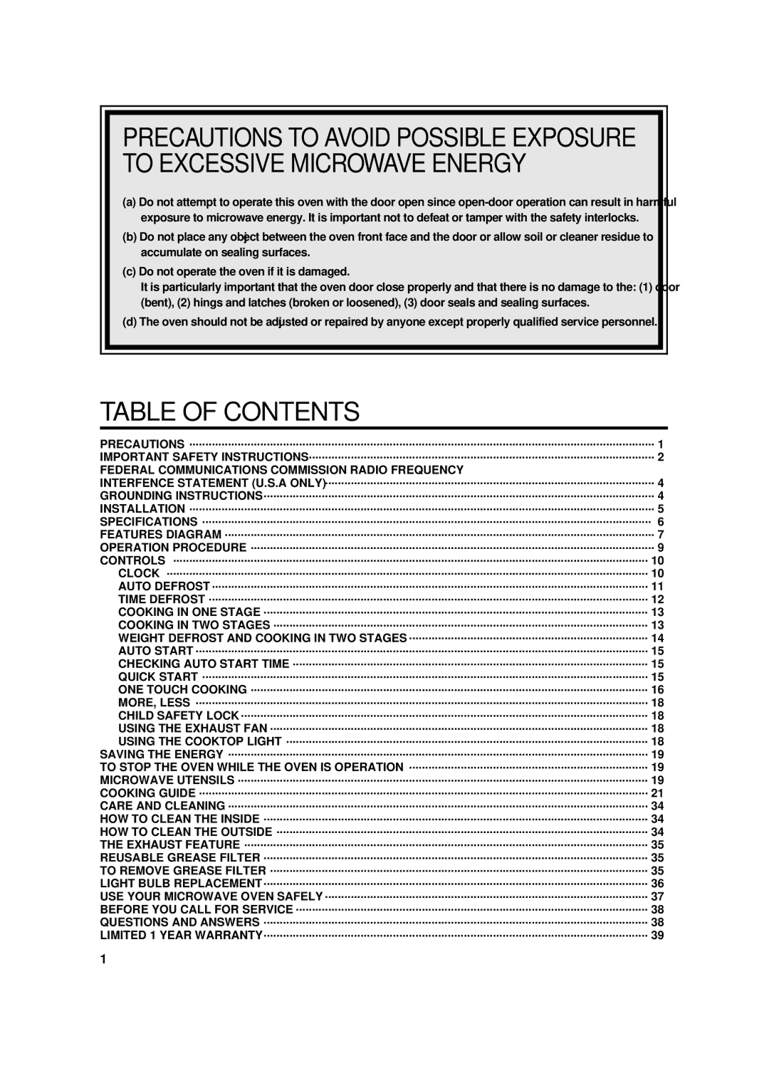 Magic Chef MCO2212ARW manual Table of Contents 