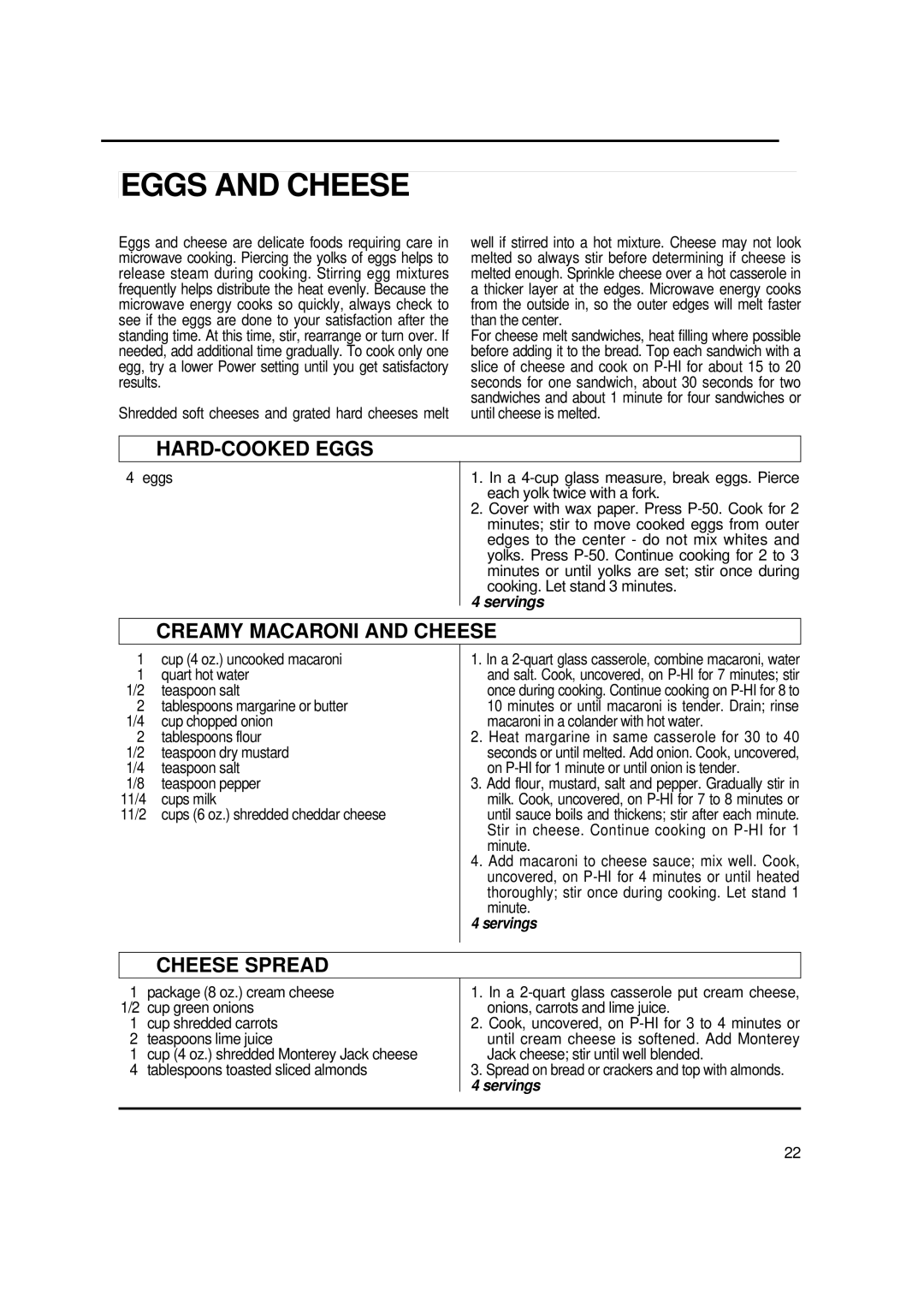 Magic Chef MCO2212ARW manual Eggs and Cheese, HARD-COOKED Eggs, Creamy Macaroni and Cheese, Cheese Spread 