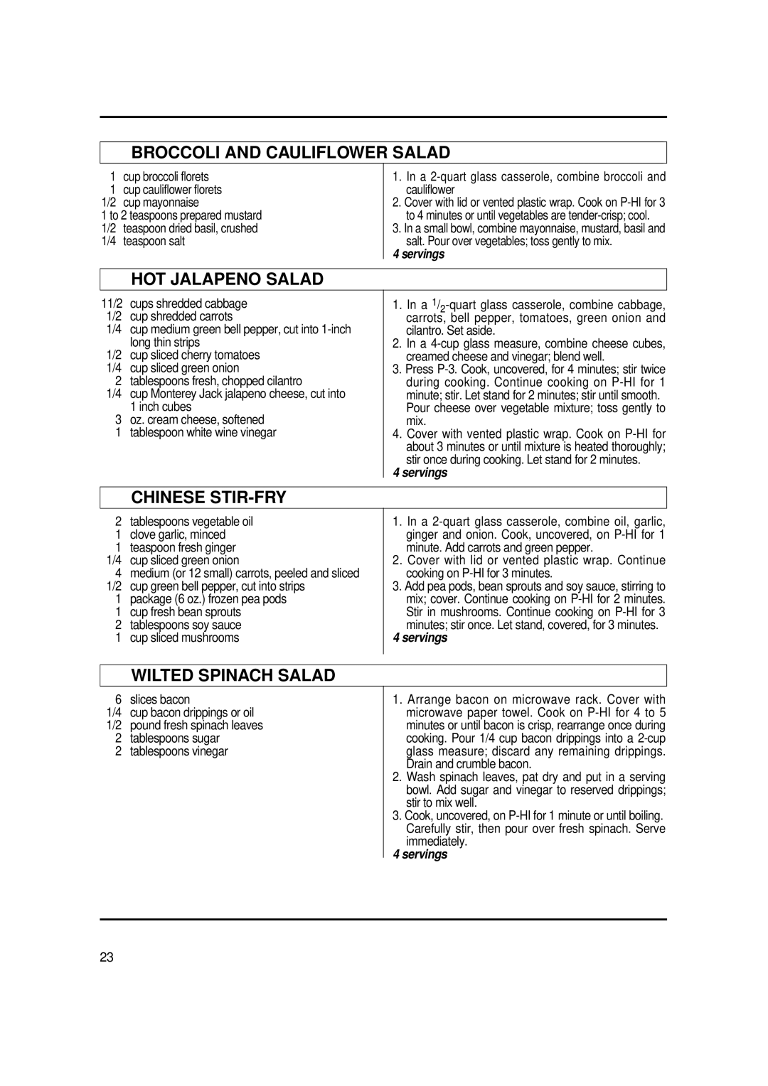 Magic Chef MCO2212ARW manual Broccoli and Cauliflower Salad, HOT Jalapeno Salad, Chinese STIR-FRY, Wilted Spinach Salad 