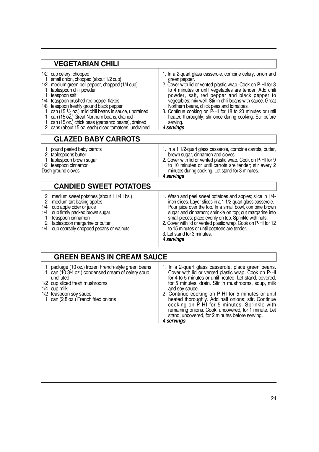 Magic Chef MCO2212ARW manual Vegetarian Chili, Glazed Baby Carrots, Candied Sweet Potatoes, Green Beans in Cream Sauce 