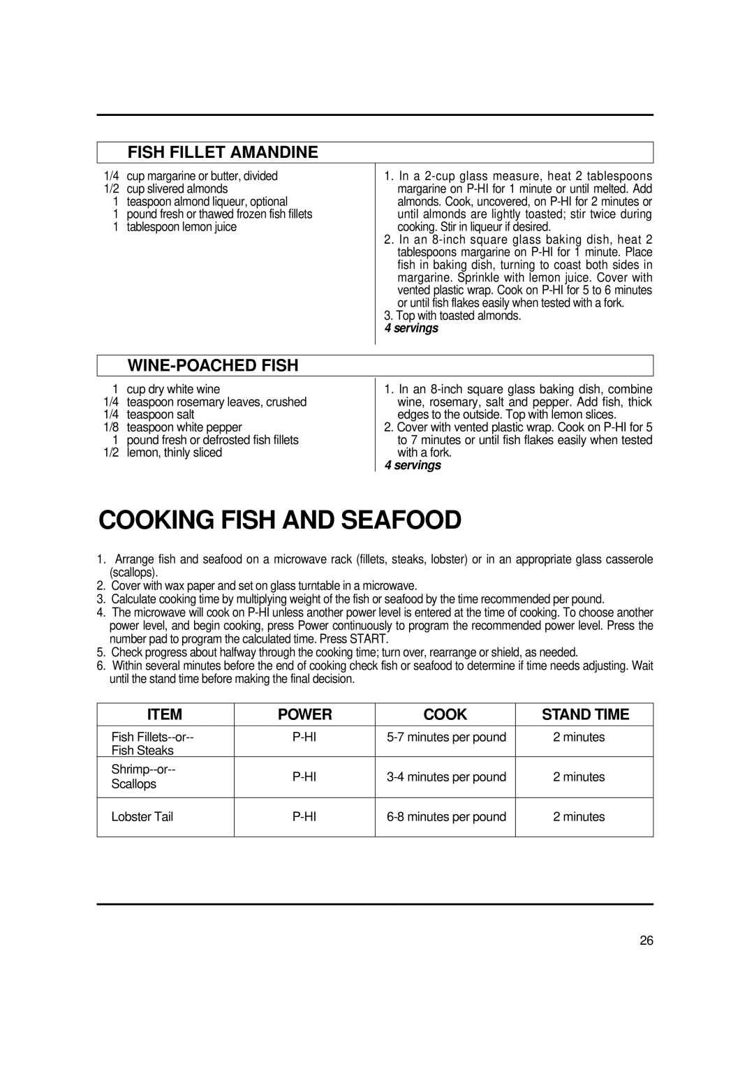 Magic Chef MCO2212ARW manual Cooking Fish and Seafood, Fish Fillet Amandine, WINE-POACHED Fish 