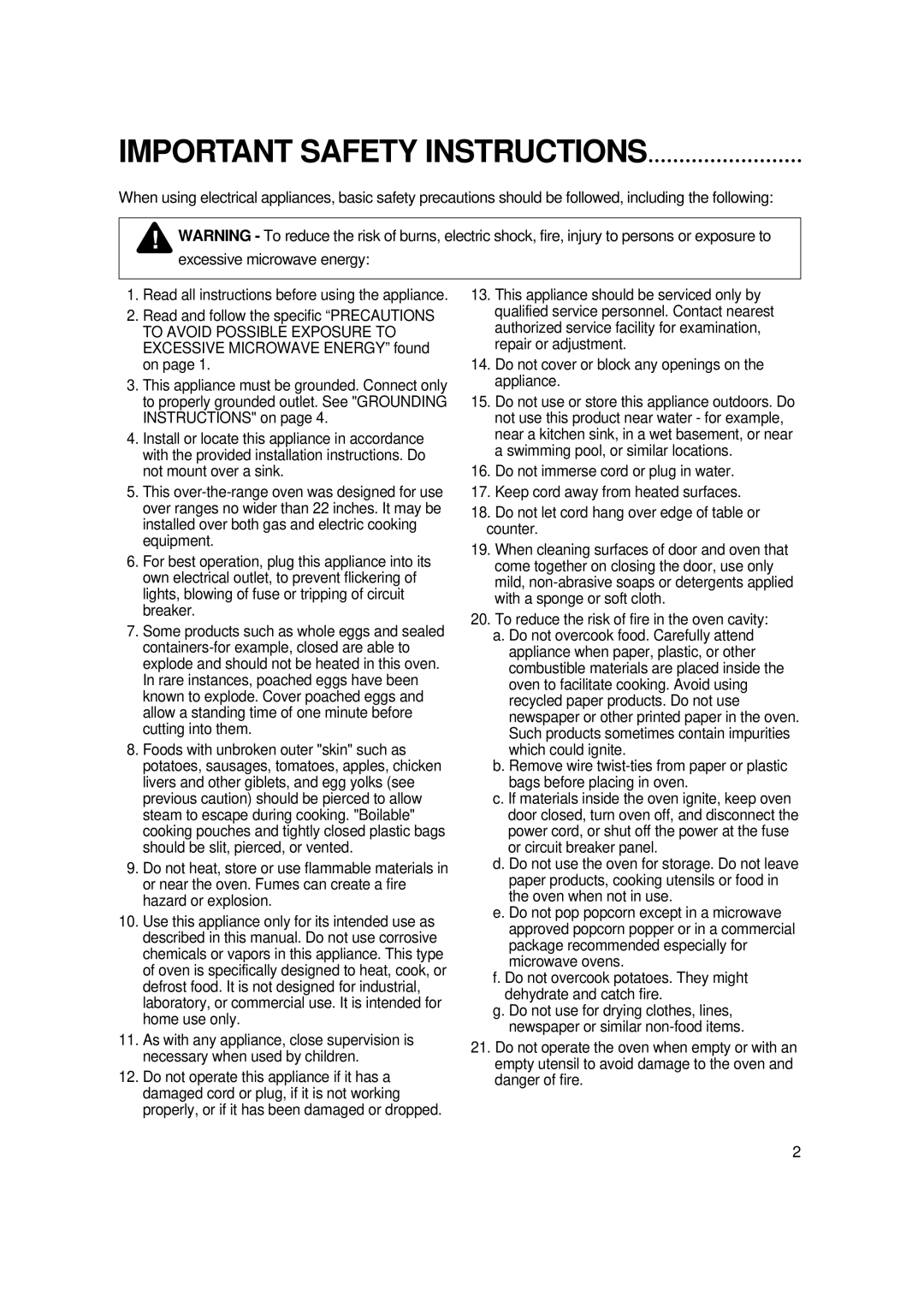 Magic Chef MCO2212ARW manual Important Safety Instructions 