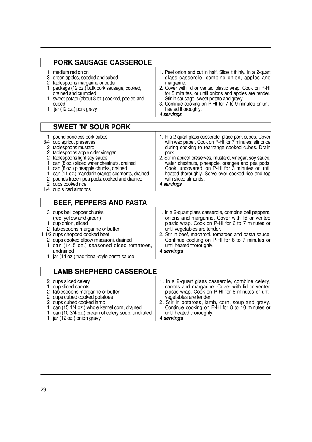 Magic Chef MCO2212ARW manual Pork Sausage Casserole, Sweet N Sour Pork, BEEF, Peppers and Pasta, Lamb Shepherd Casserole 