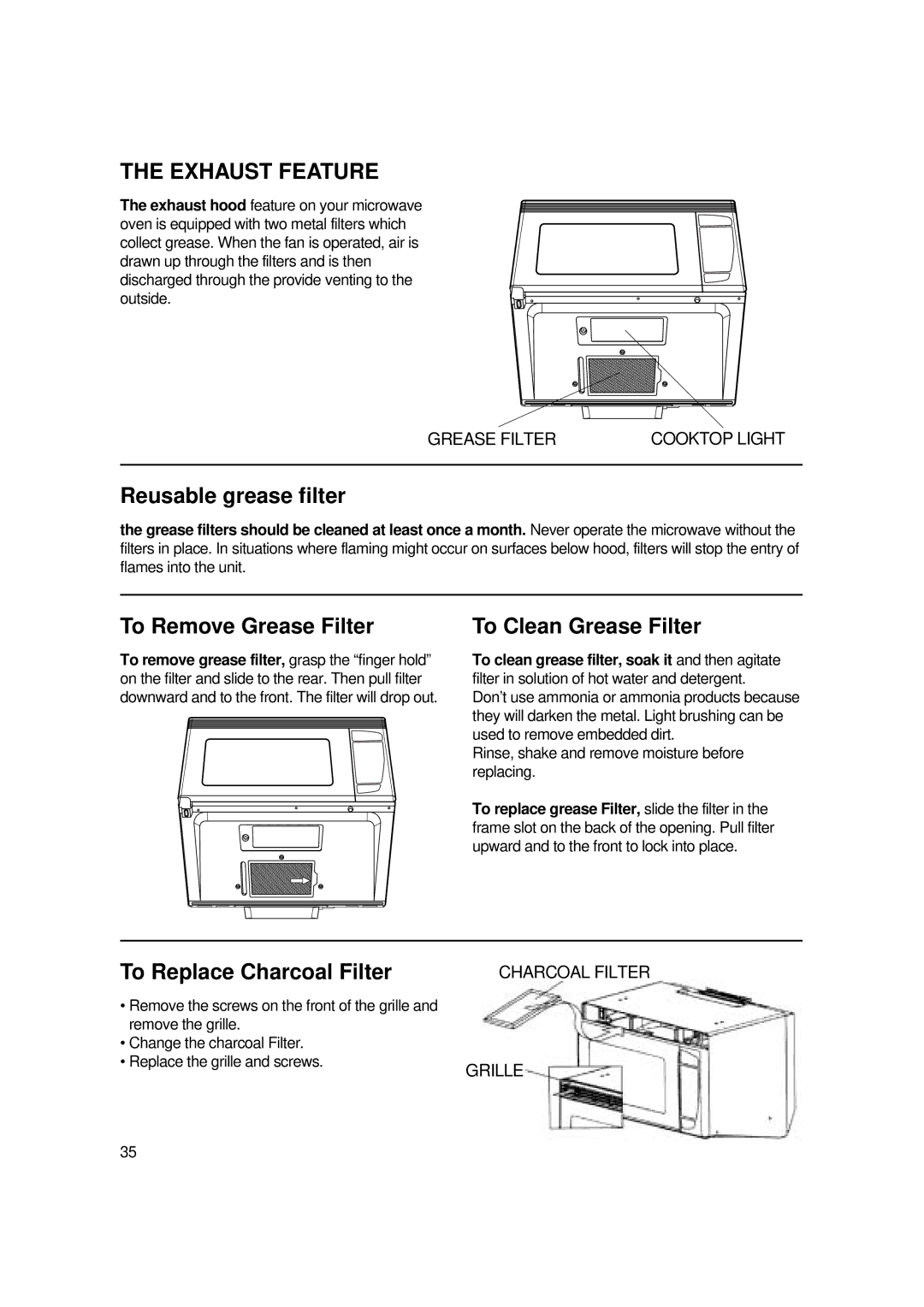 Magic Chef MCO2212ARW manual Exhaust Feature, Reusable grease filter 