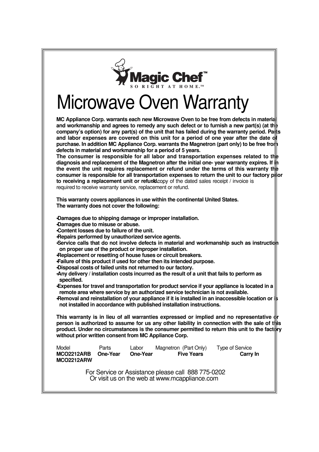 Magic Chef MCO2212ARW manual Microwave Oven Warranty, One-Year Five Years Carry 