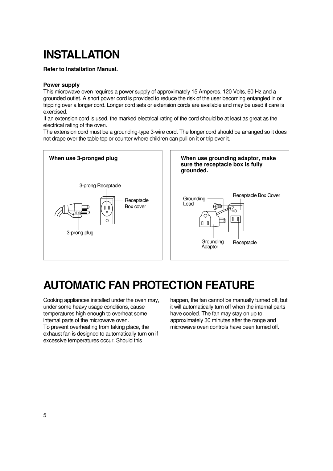 Magic Chef MCO2212ARW manual Installation, Automatic FAN Protection Feature 