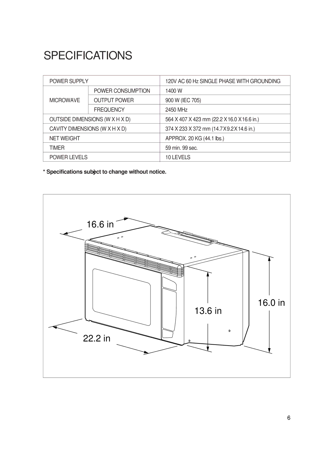 Magic Chef MCO2212ARW manual Specifications 