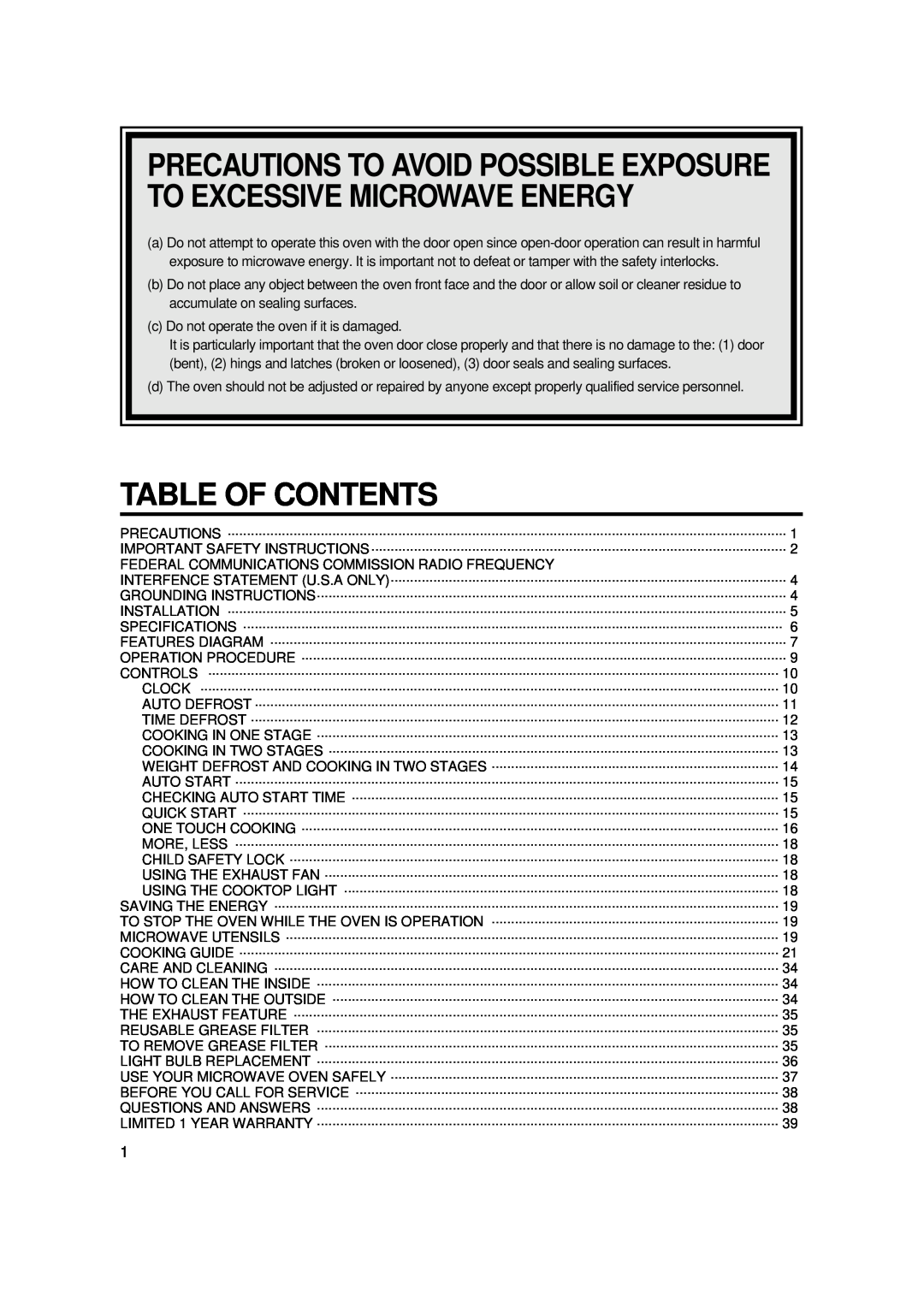 Magic Chef MCO2212ARW manual Table Of Contents, Precautions To Avoid Possible Exposure To Excessive Microwave Energy 