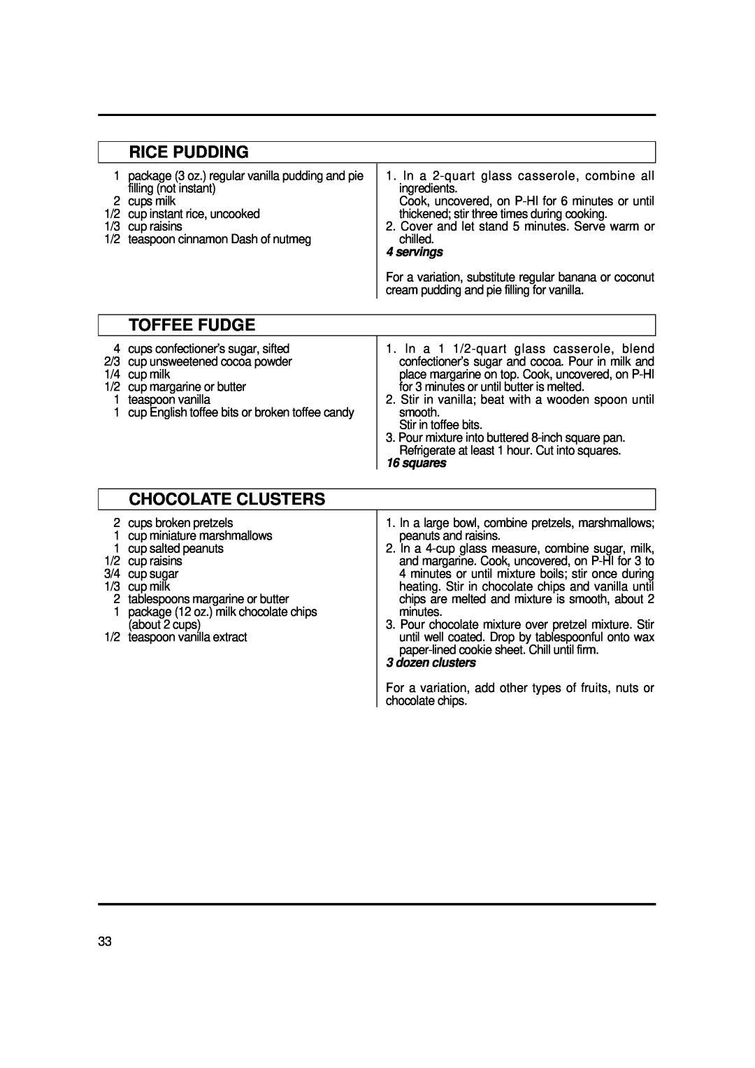 Magic Chef MCO2212ARW manual Rice Pudding, Toffee Fudge, Chocolate Clusters, squares, dozen clusters, servings 