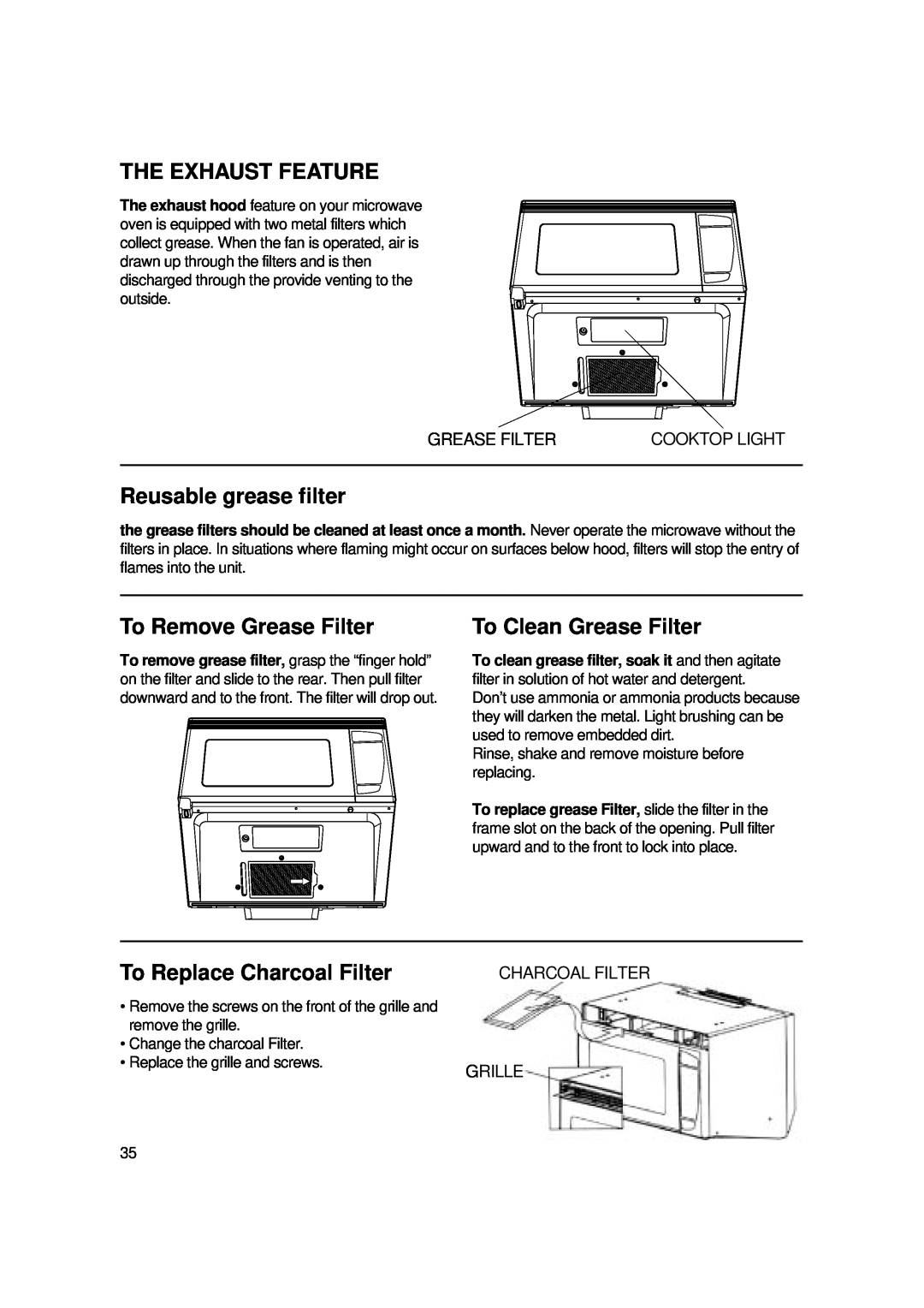 Magic Chef MCO2212ARW manual The Exhaust Feature, Reusable grease filter, To Remove Grease Filter, To Clean Grease Filter 