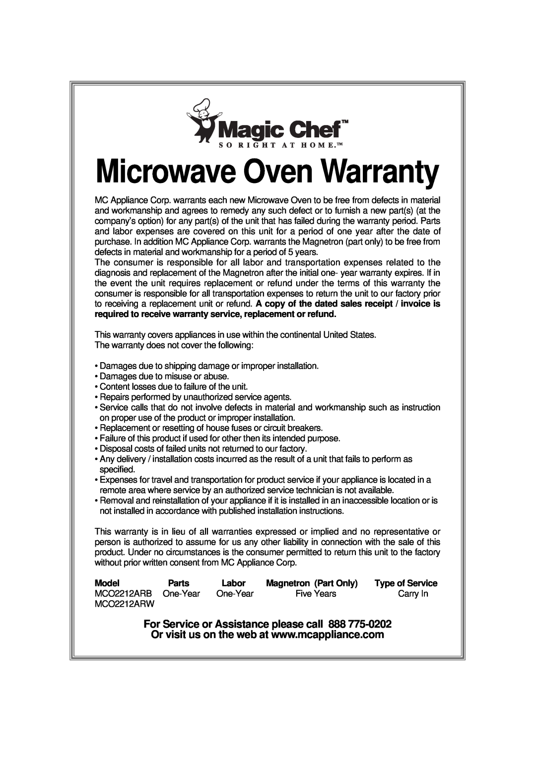 Magic Chef MCO2212ARW manual Microwave Oven Warranty, Model, Parts, Magnetron Part Only 