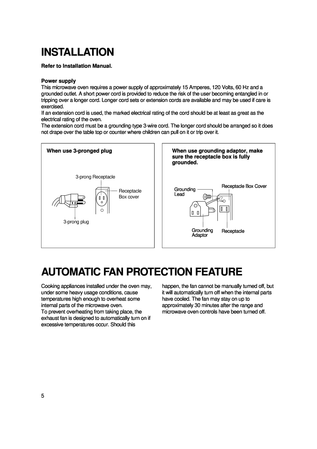 Magic Chef MCO2212ARW manual Automatic Fan Protection Feature, Refer to Installation Manual Power supply 