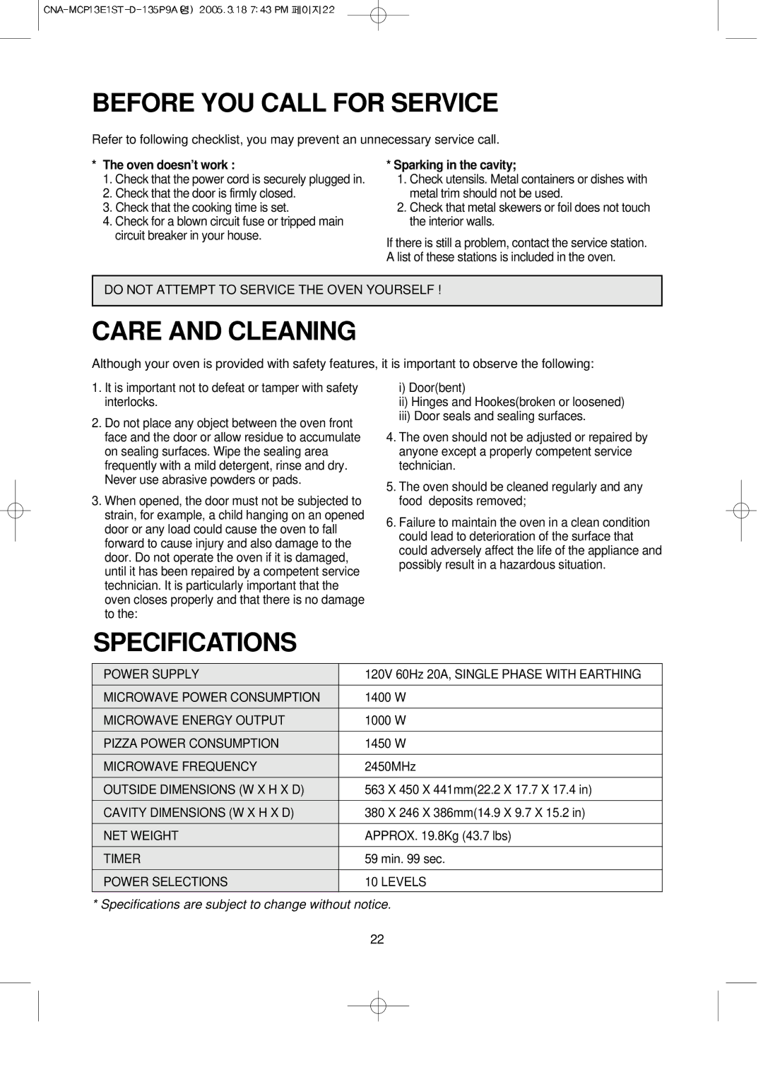 Magic Chef MCP13E1ST Before YOU Call for Service, Care and Cleaning, Specifications, Oven doesn’t work 