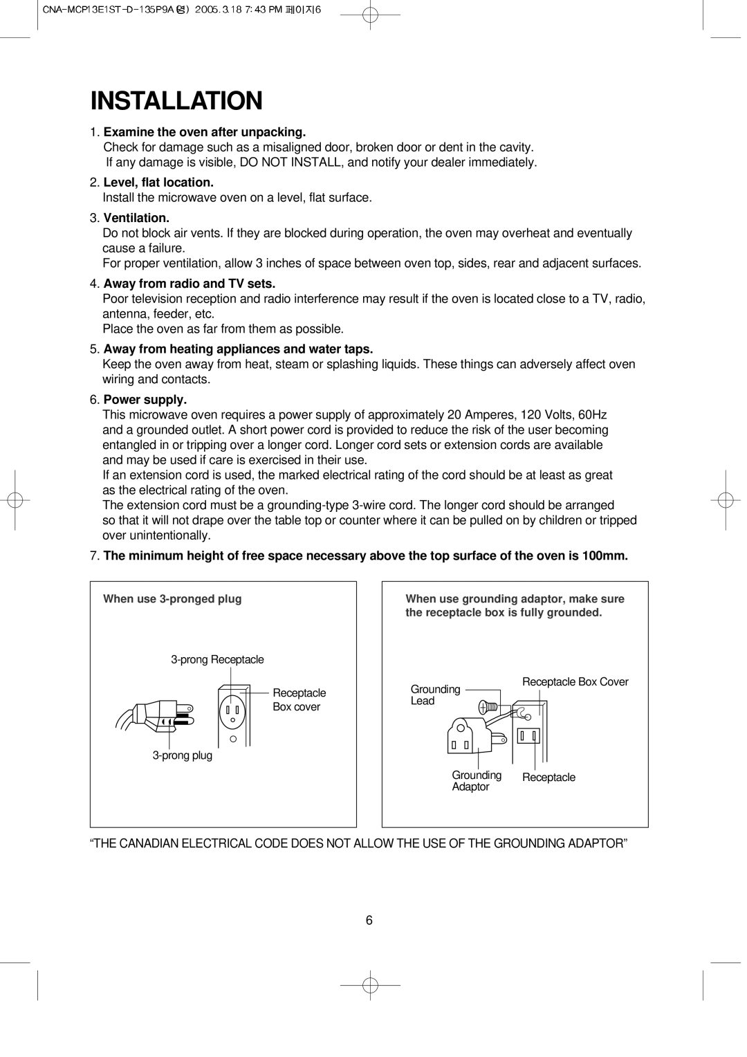 Magic Chef MCP13E1ST operating instructions Installation 