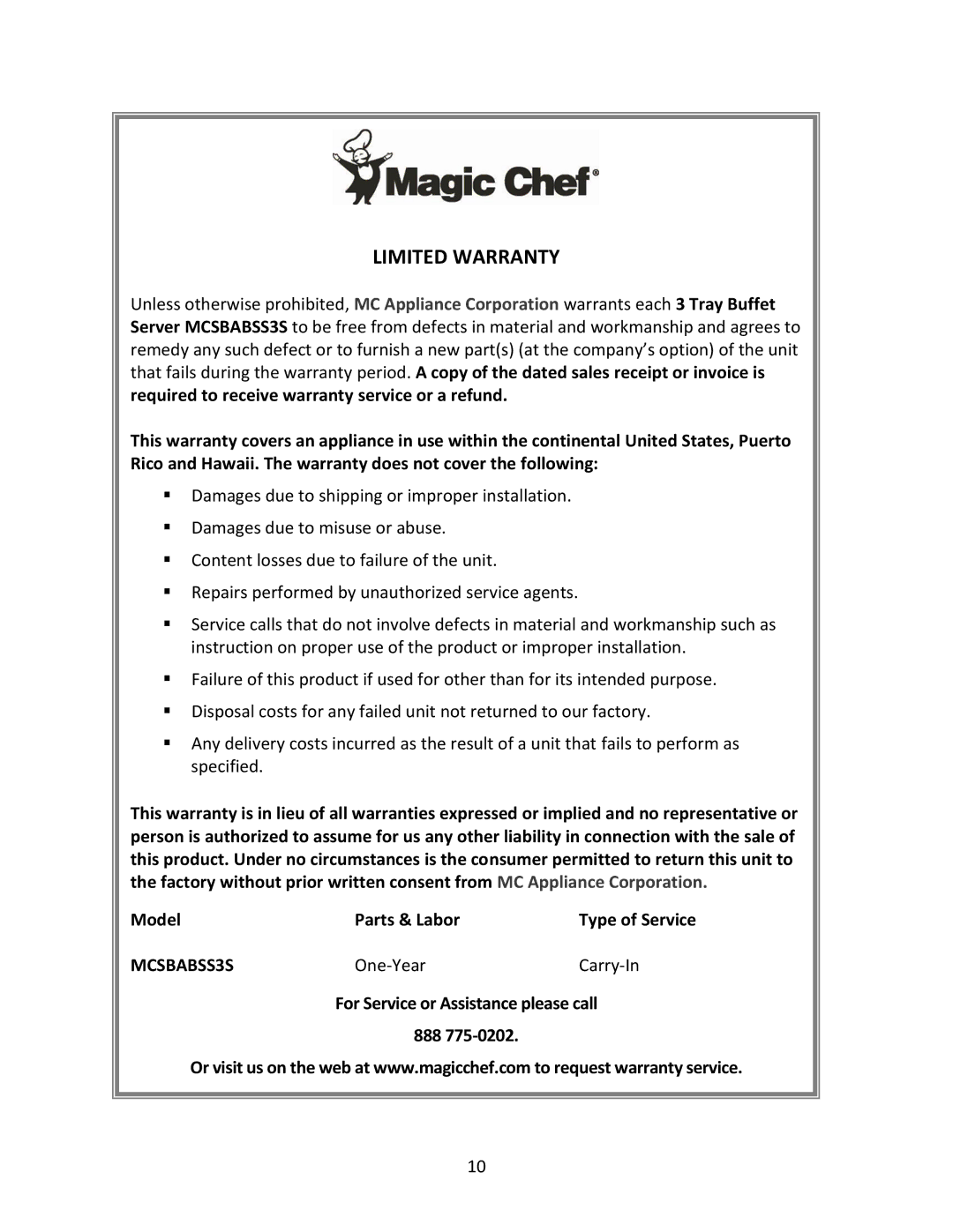 Magic Chef MCSBABSS3S instruction manual Limited Warranty 