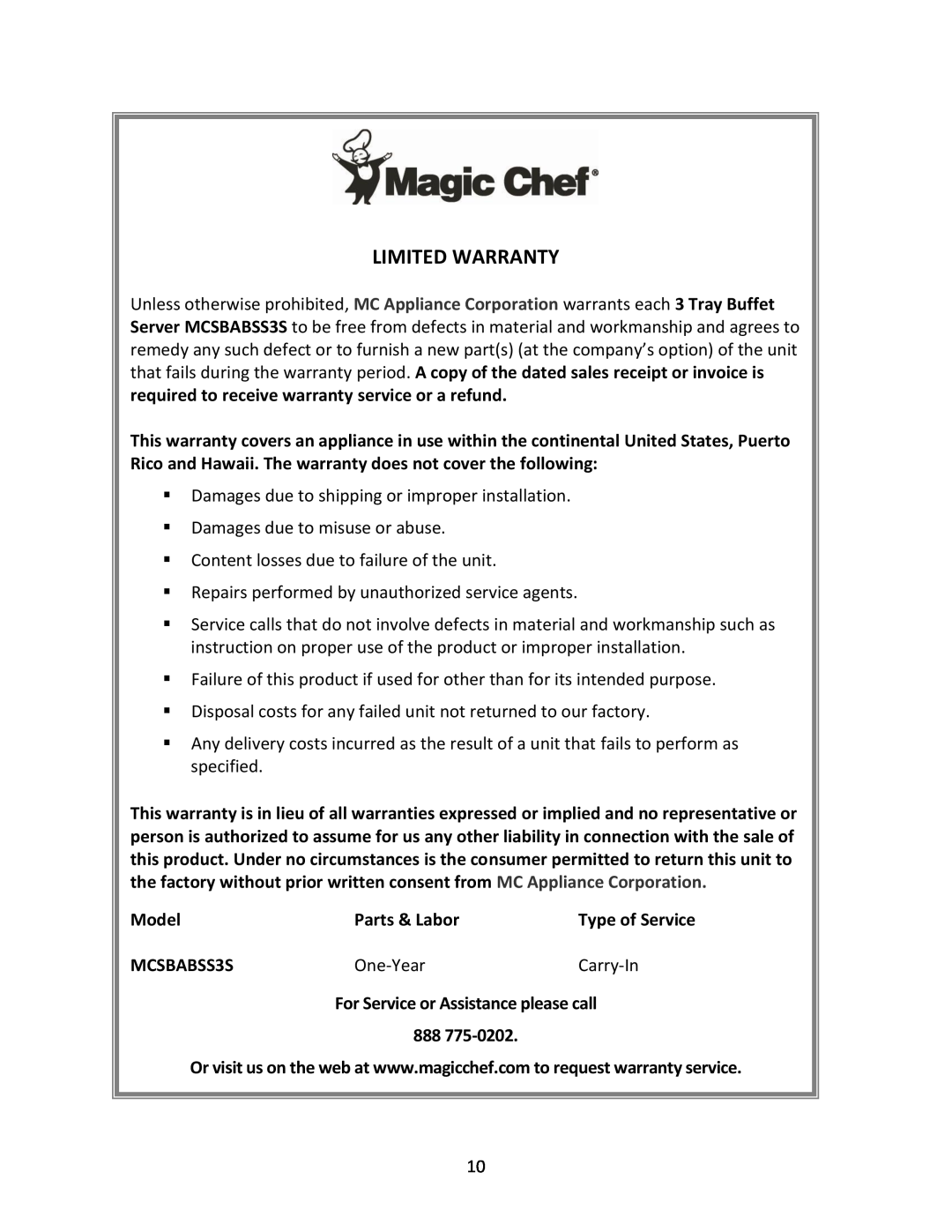 Magic Chef MCSBABSS3S instruction manual Model, Parts & Labor, For Service or Assistance please call, Limited Warranty 