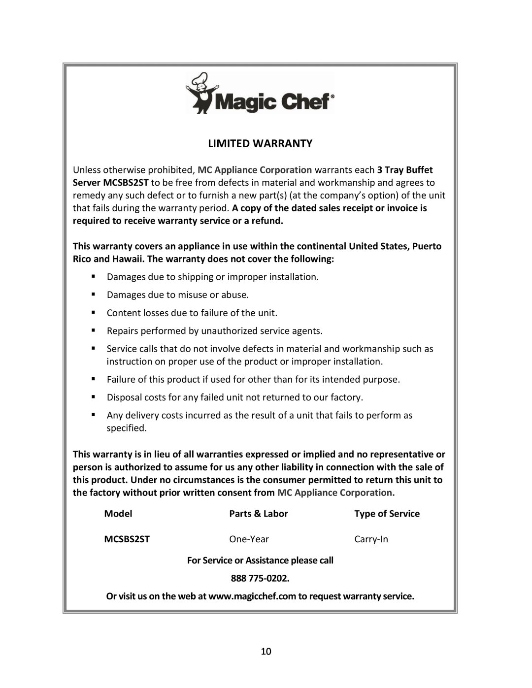 Magic Chef MCSBS2ST instruction manual Model, Parts & Labor, For Service or Assistance please call, Limited Warranty 