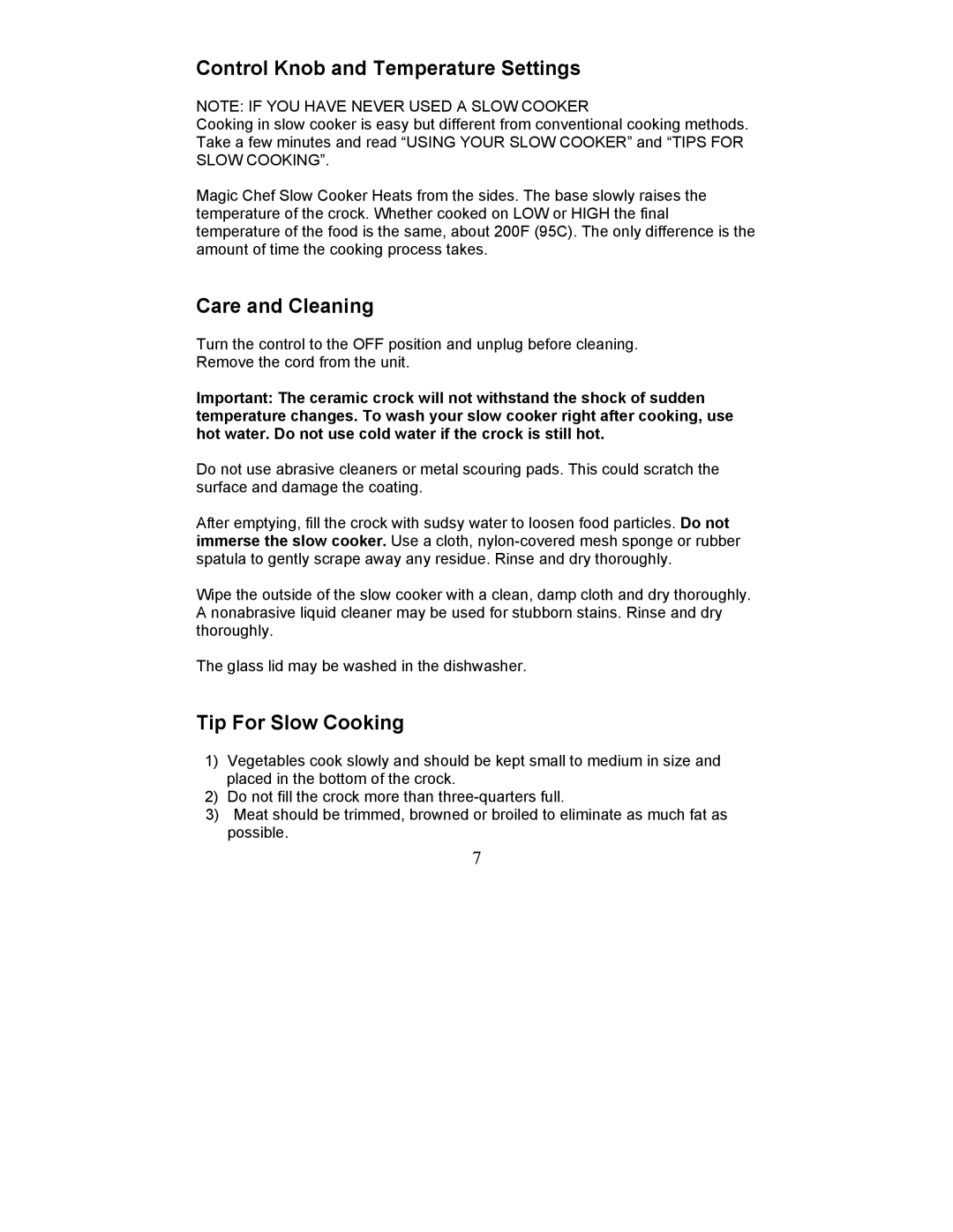 Magic Chef MCSC6COs, MCSC6WOs, MCSC3COs, MCSC3CRs, MCSC3WRs, MCSC3WOs manual Control Knob and Temperature Settings 