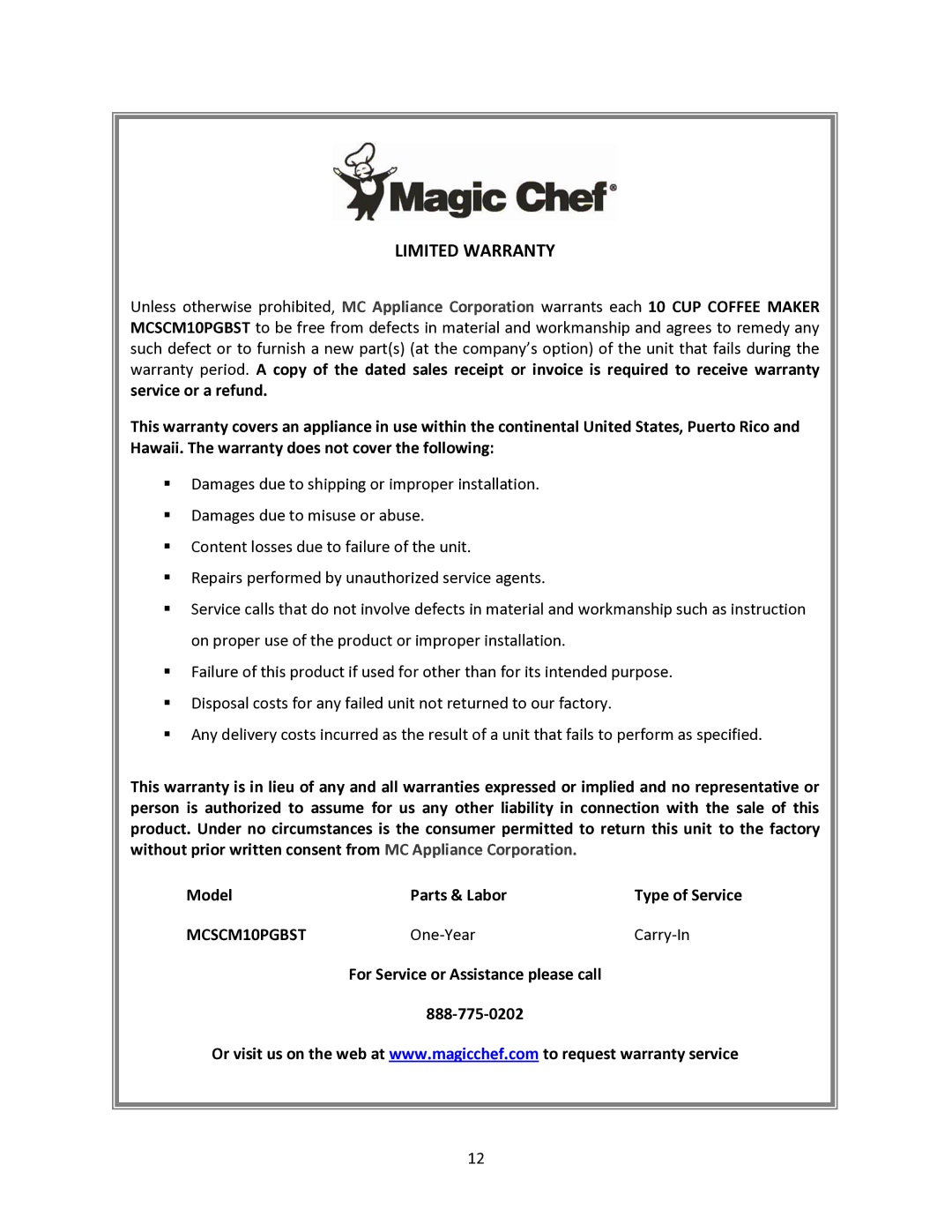 Magic Chef MCSCM10PGBST instruction manual Limited Warranty 