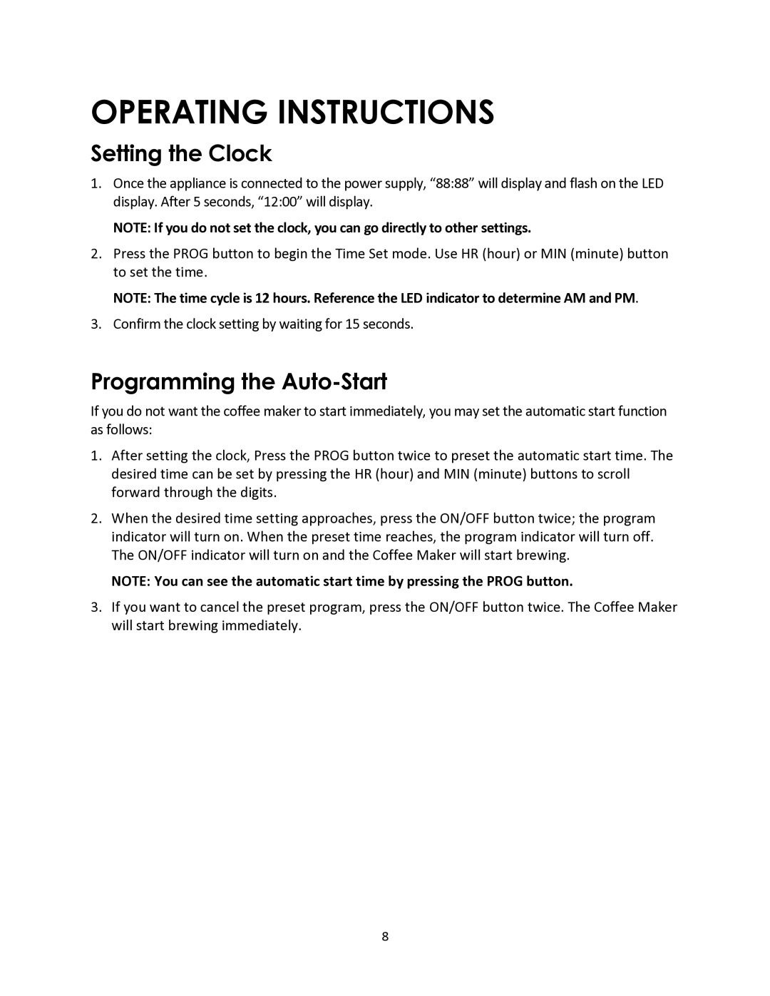 Magic Chef MCSCM10PGBST instruction manual Operating Instructions, Setting the Clock, Programming the Auto-Start 