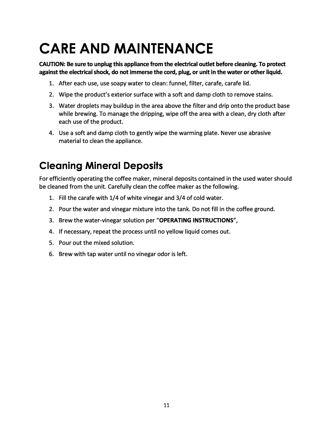 Magic Chef MCSCM10PGBST instruction manual Care And Maintenance, Cleaning Mineral Deposits 