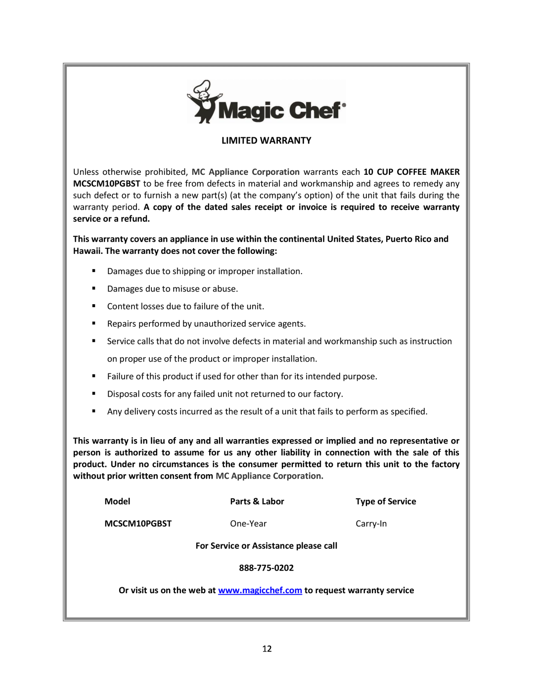 Magic Chef MCSCM10PGBST instruction manual Model, Parts & Labor, One-Year, Carry-In 