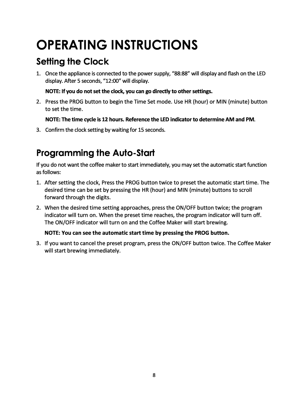 Magic Chef MCSCM10PGBST instruction manual Operating Instructions, Setting the Clock, Programming the Auto-Start 
