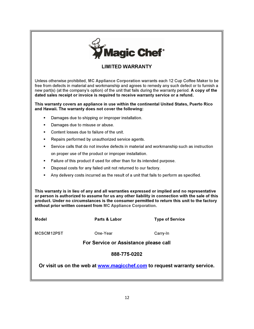 Magic Chef MCSCM12PST instruction manual Limited Warranty 